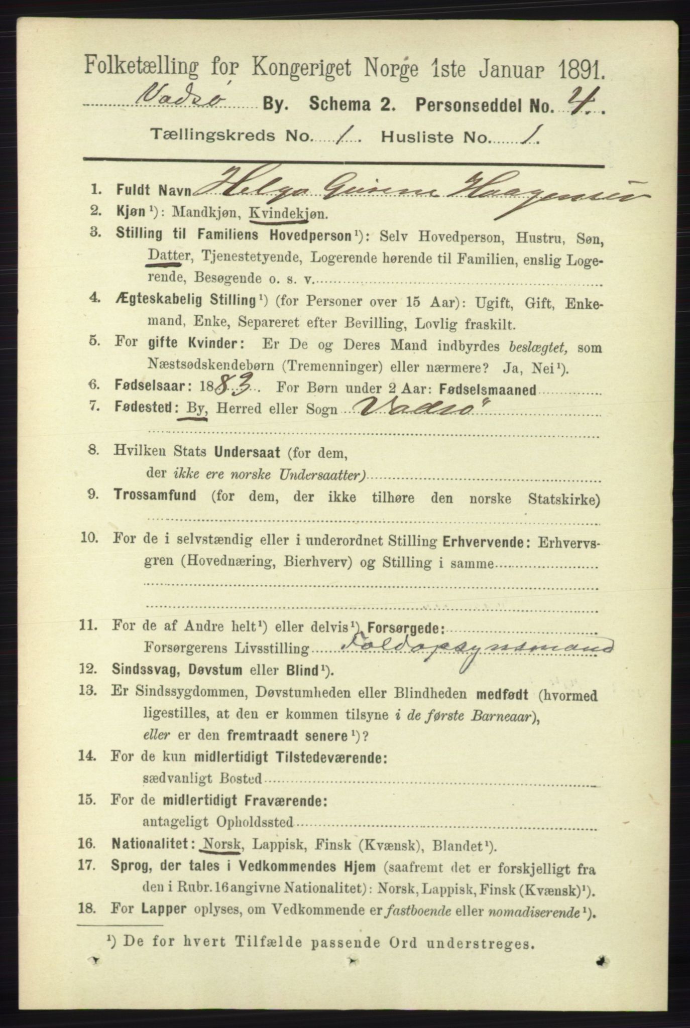 RA, 1891 census for 2003 Vadsø, 1891, p. 160