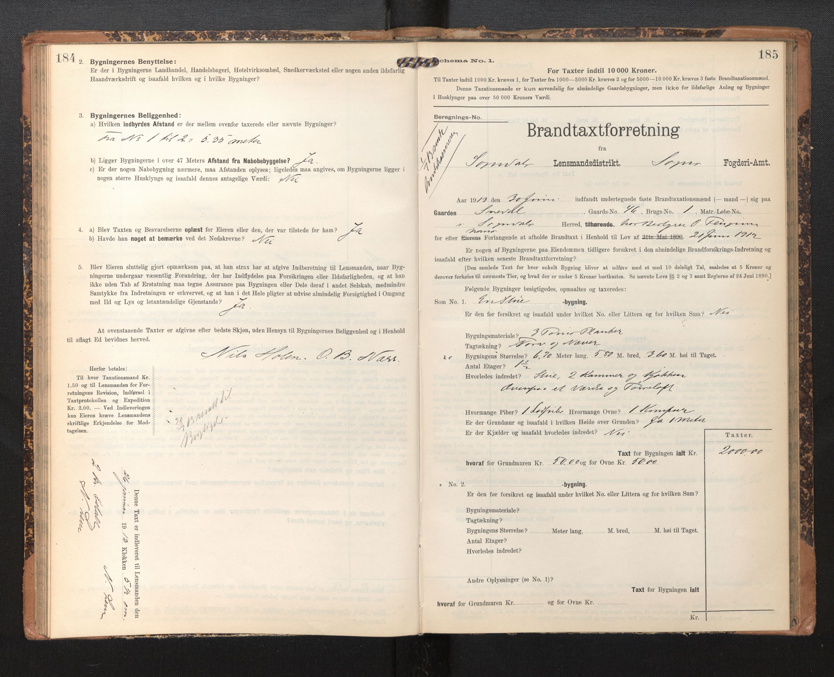 Lensmannen i Sogndal, AV/SAB-A-29901/0012/L0010: Branntakstprotokoll, skjematakst, 1907-1914, p. 184-185