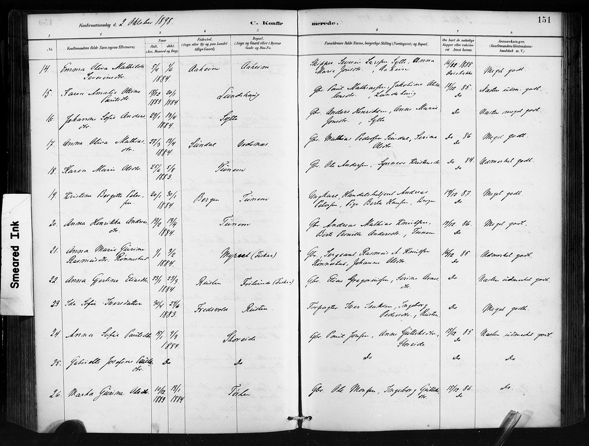 Ministerialprotokoller, klokkerbøker og fødselsregistre - Møre og Romsdal, AV/SAT-A-1454/501/L0008: Parish register (official) no. 501A08, 1885-1901, p. 151