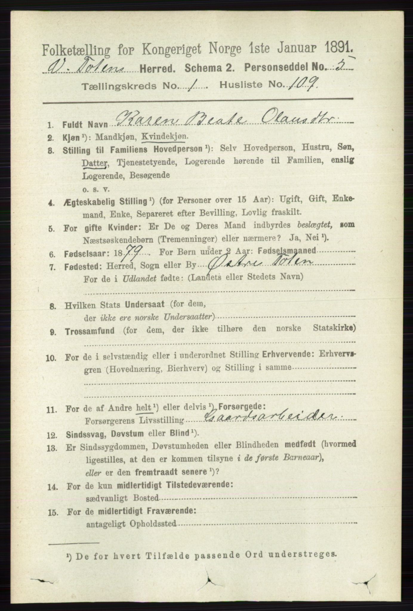 RA, 1891 census for 0529 Vestre Toten, 1891, p. 1082