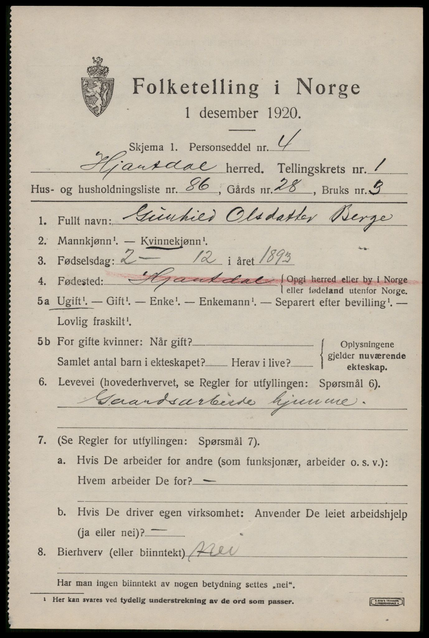 SAKO, 1920 census for Hjartdal, 1920, p. 1822