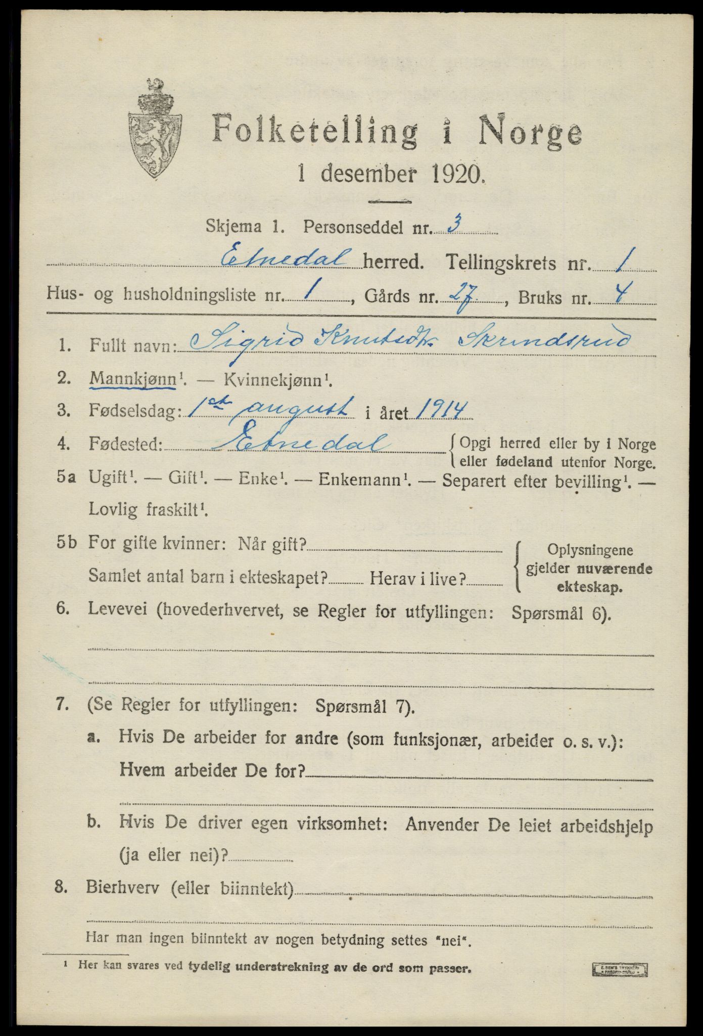 SAH, 1920 census for Etnedal, 1920, p. 794