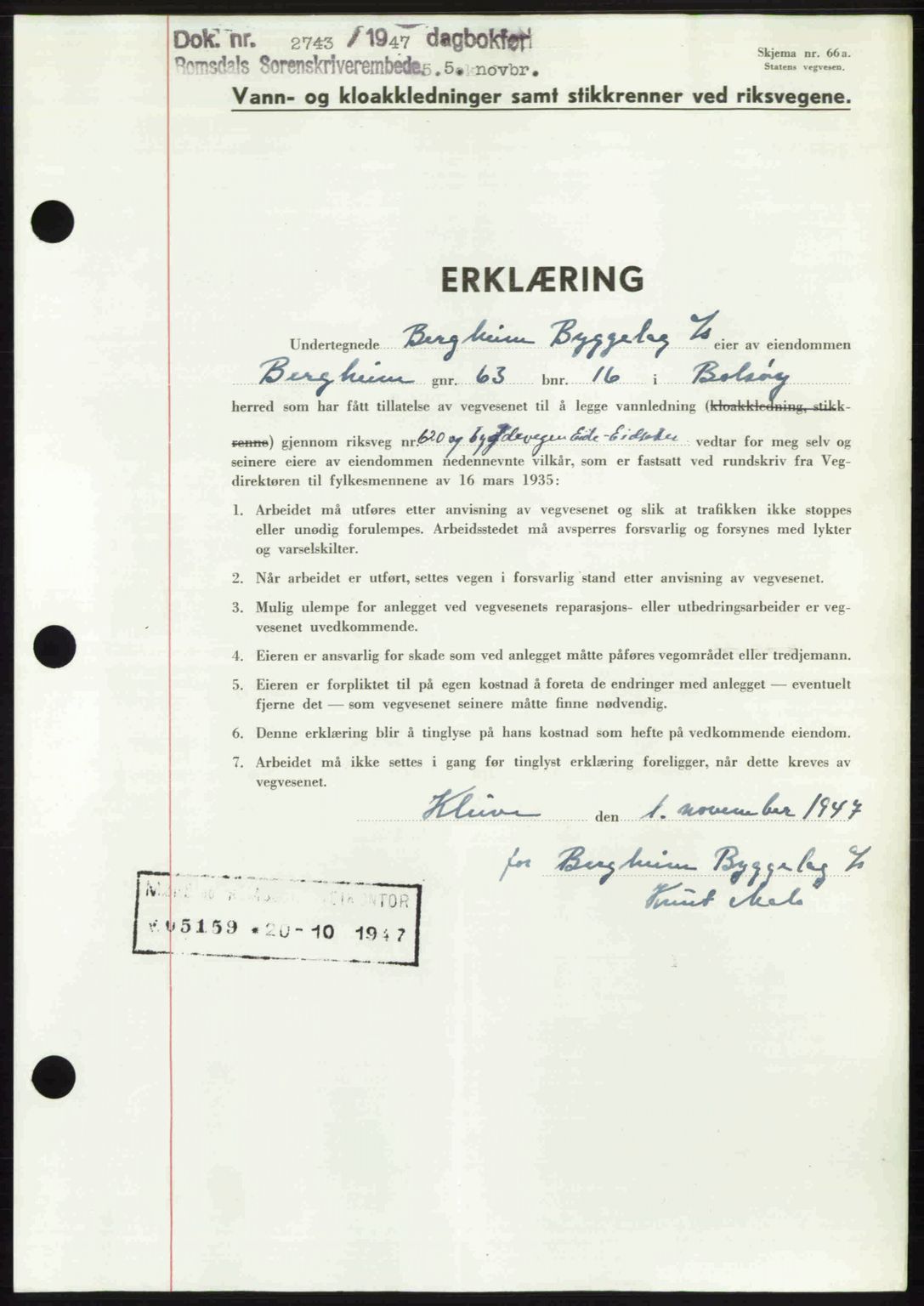 Romsdal sorenskriveri, SAT/A-4149/1/2/2C: Mortgage book no. A24, 1947-1947, Diary no: : 2743/1947