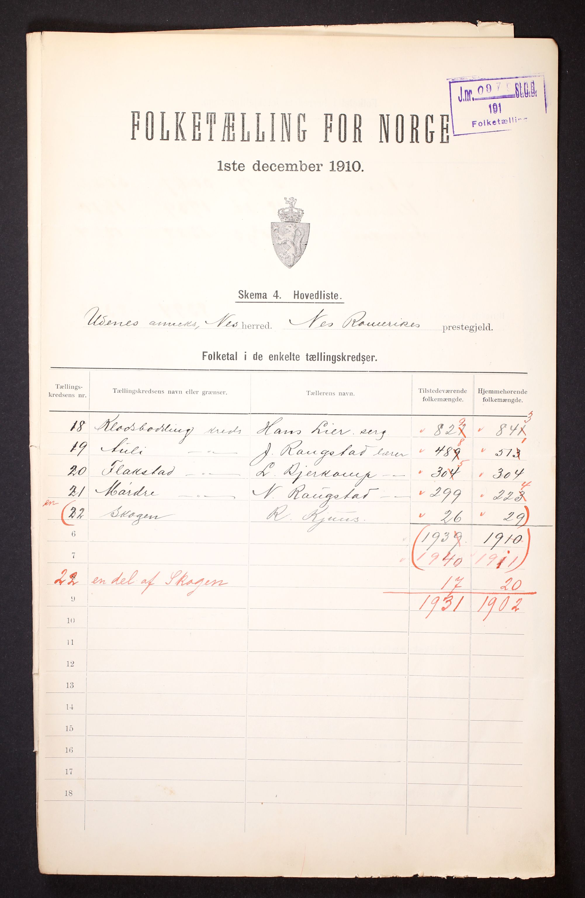 RA, 1910 census for Nes, 1910, p. 6