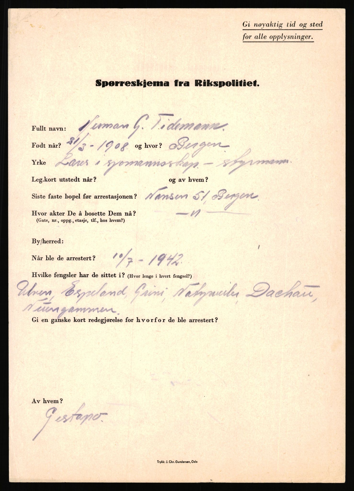 Rikspolitisjefen, AV/RA-S-1560/L/L0017: Tidemann, Hermann G. - Veum, Tjostolv, 1940-1945, p. 1