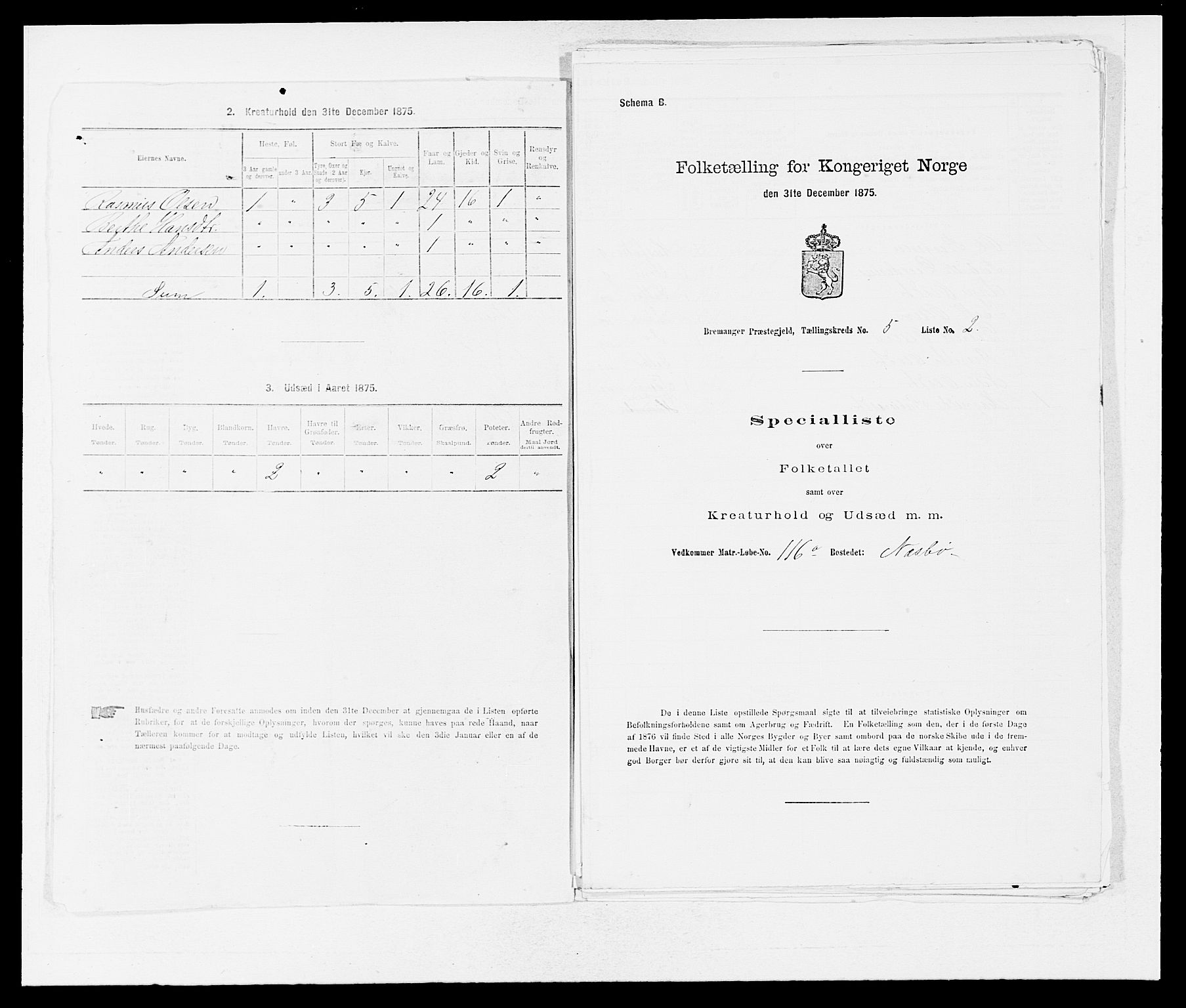 SAB, 1875 Census for 1438P Bremanger, 1875, p. 607