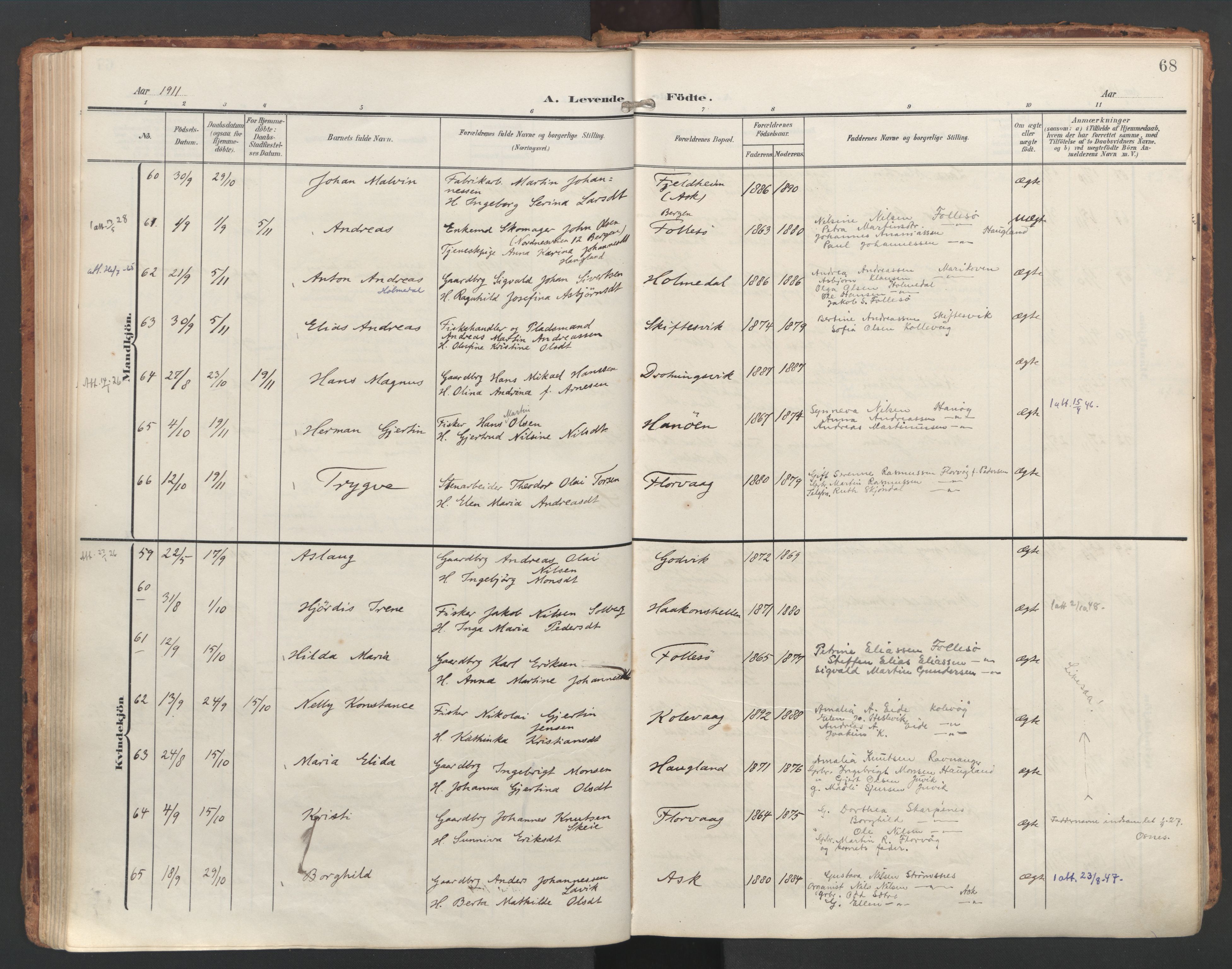 Askøy Sokneprestembete, AV/SAB-A-74101/H/Ha/Haa/Haac/L0002: Parish register (official) no. C 2, 1905-1922, p. 68