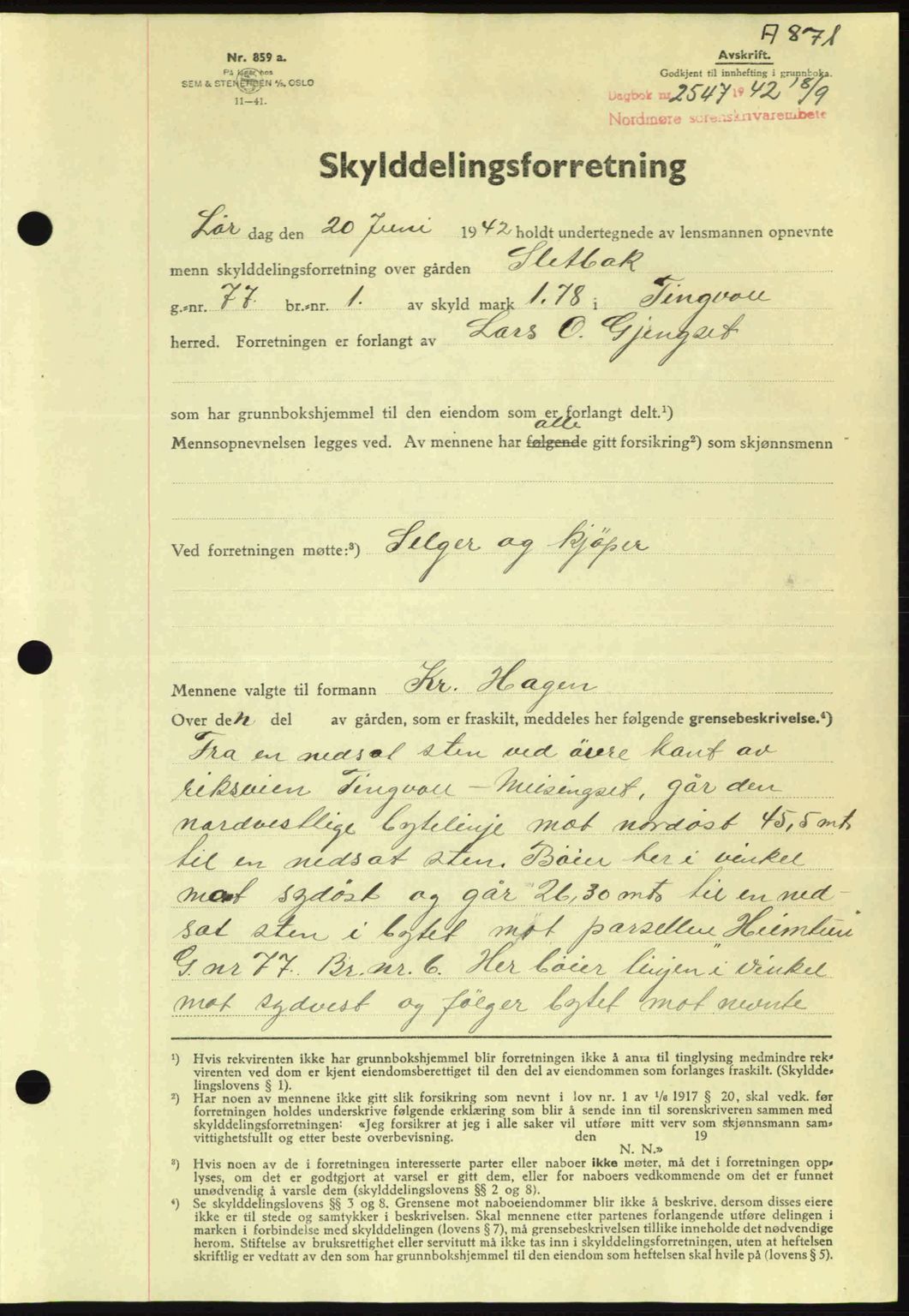 Nordmøre sorenskriveri, AV/SAT-A-4132/1/2/2Ca: Mortgage book no. A93, 1942-1942, Diary no: : 2547/1942