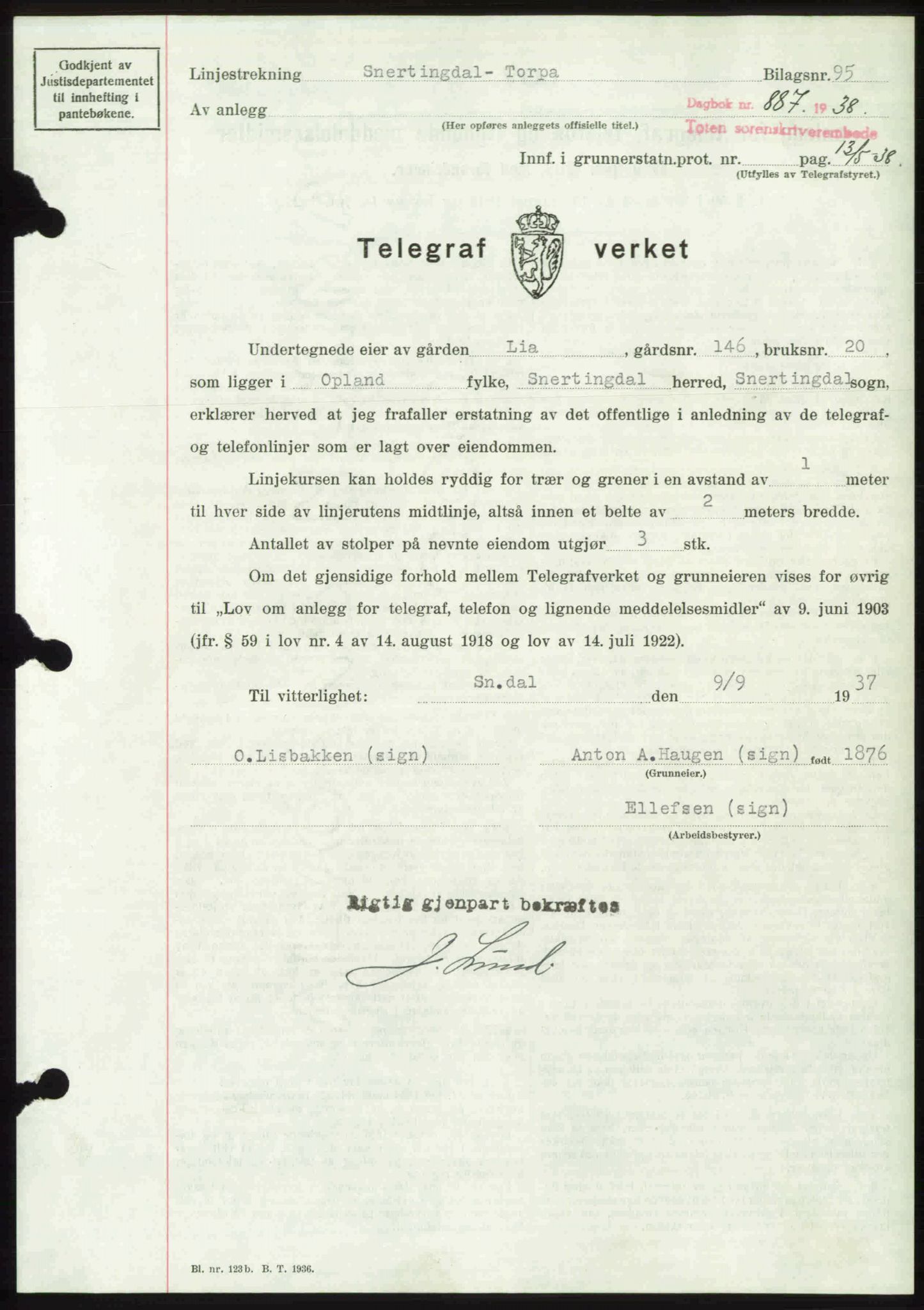 Toten tingrett, SAH/TING-006/H/Hb/Hbc/L0004: Mortgage book no. Hbc-04, 1938-1938, Diary no: : 887/1938