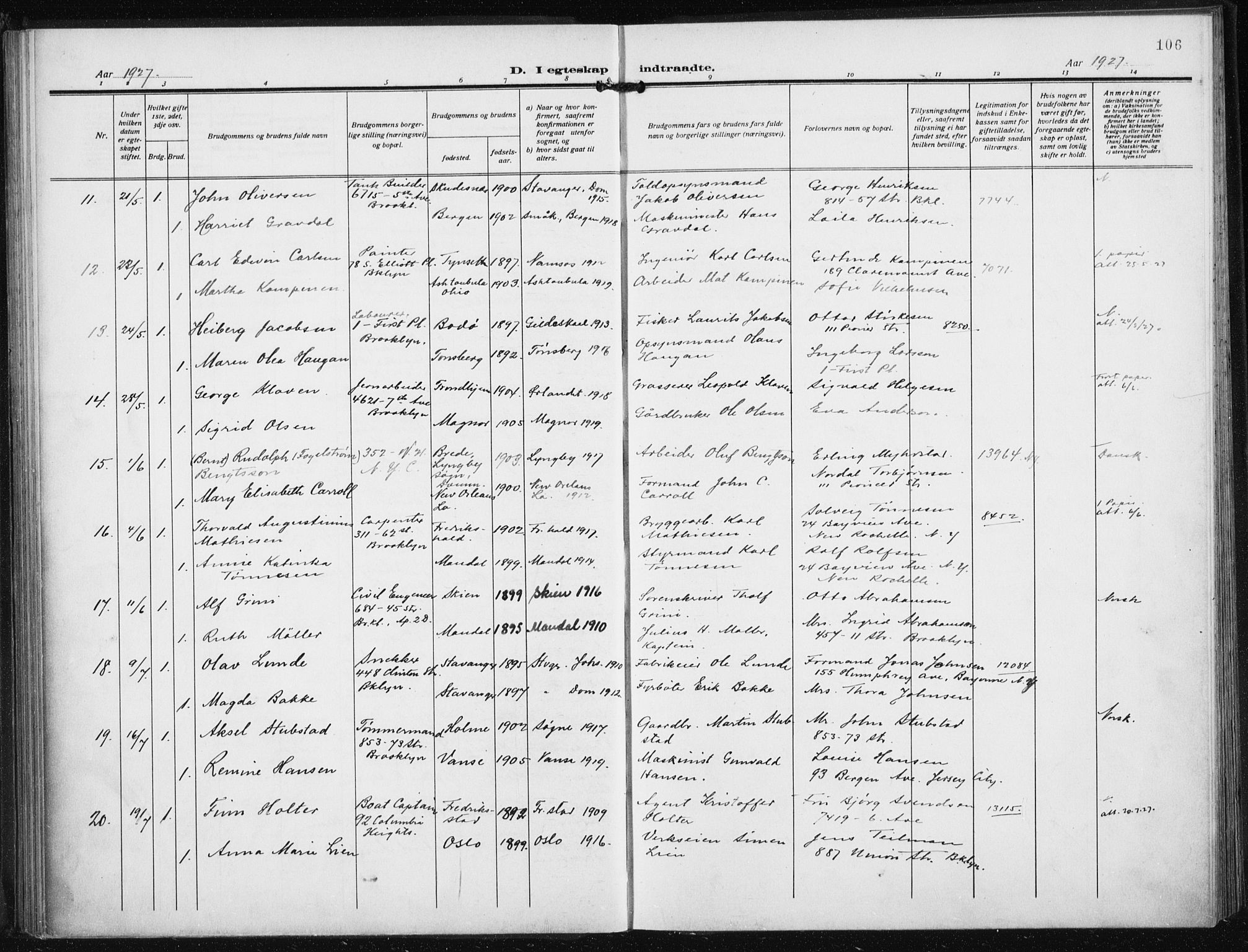 Den norske sjømannsmisjon i utlandet/New York, SAB/SAB/PA-0110/H/Ha/L0008: Parish register (official) no. A 8, 1923-1935, p. 106