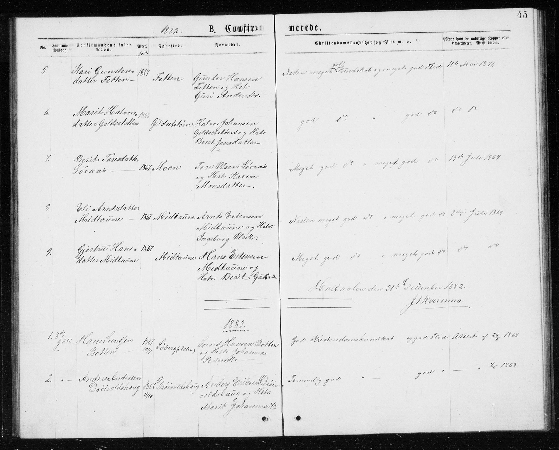 Ministerialprotokoller, klokkerbøker og fødselsregistre - Sør-Trøndelag, SAT/A-1456/685/L0977: Parish register (copy) no. 685C02, 1879-1890, p. 45