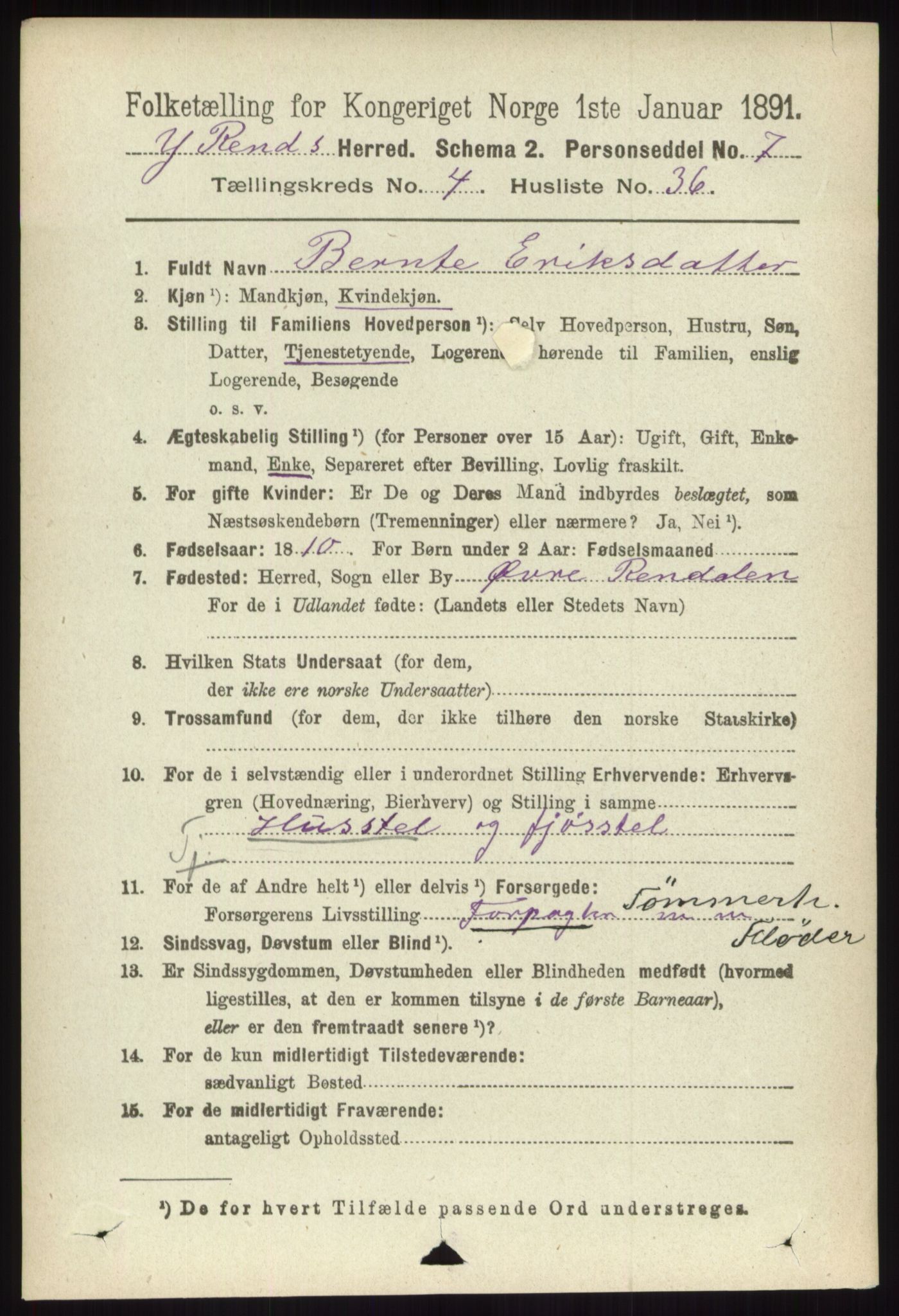 RA, 1891 census for 0432 Ytre Rendal, 1891, p. 1069