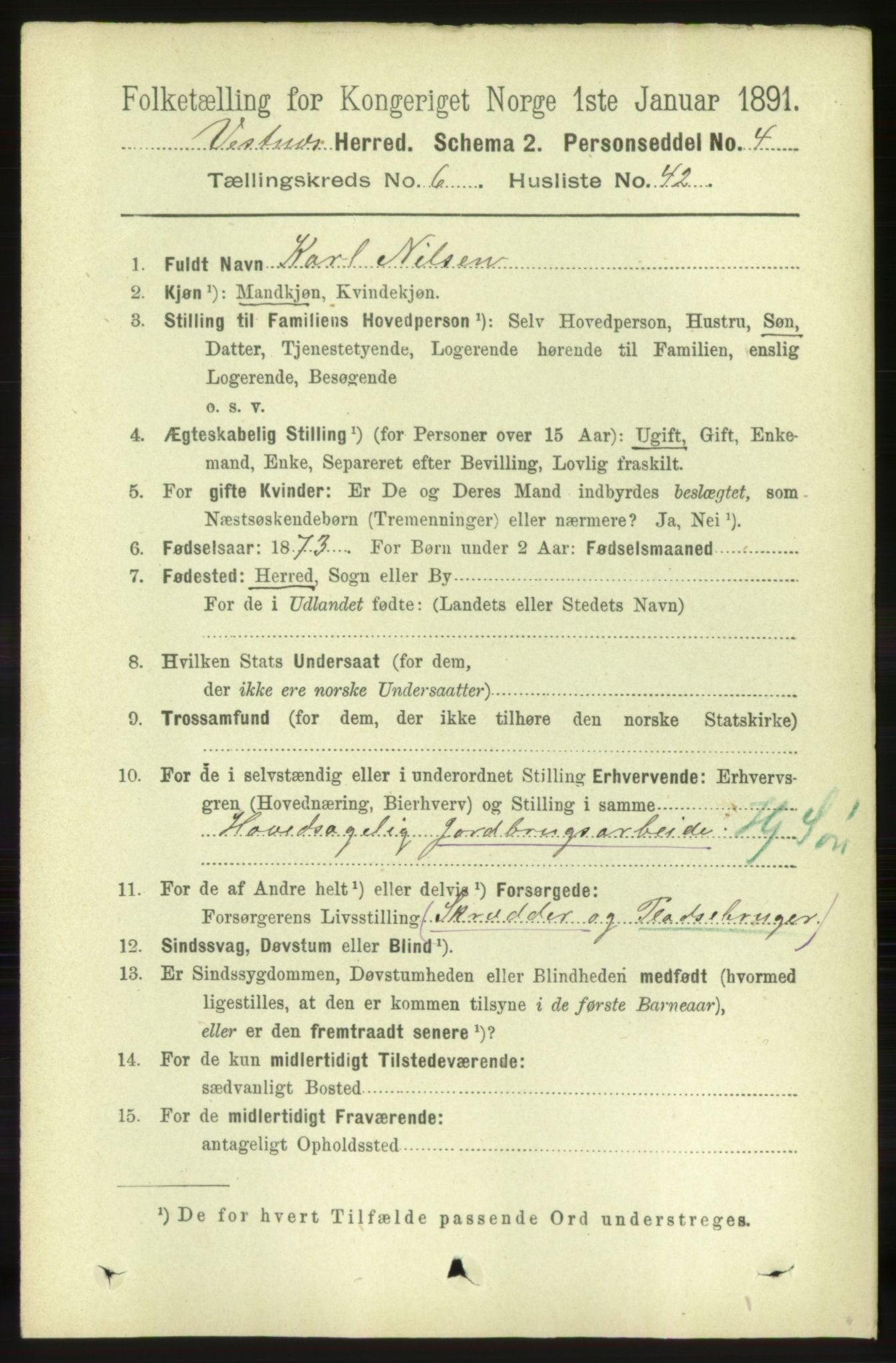 RA, 1891 census for 1535 Vestnes, 1891, p. 2431