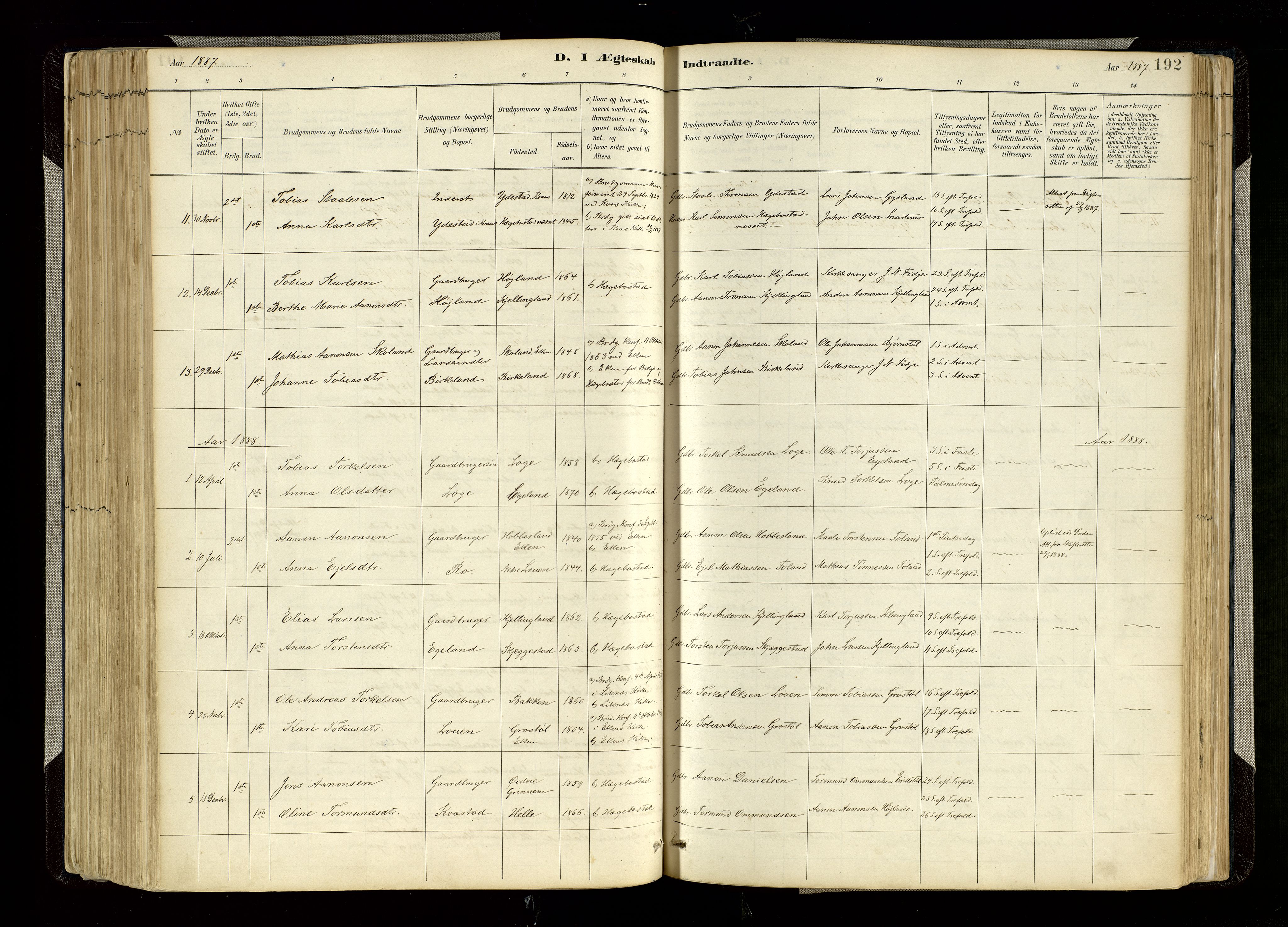 Hægebostad sokneprestkontor, SAK/1111-0024/F/Fa/Faa/L0006: Parish register (official) no. A 6, 1887-1929, p. 192