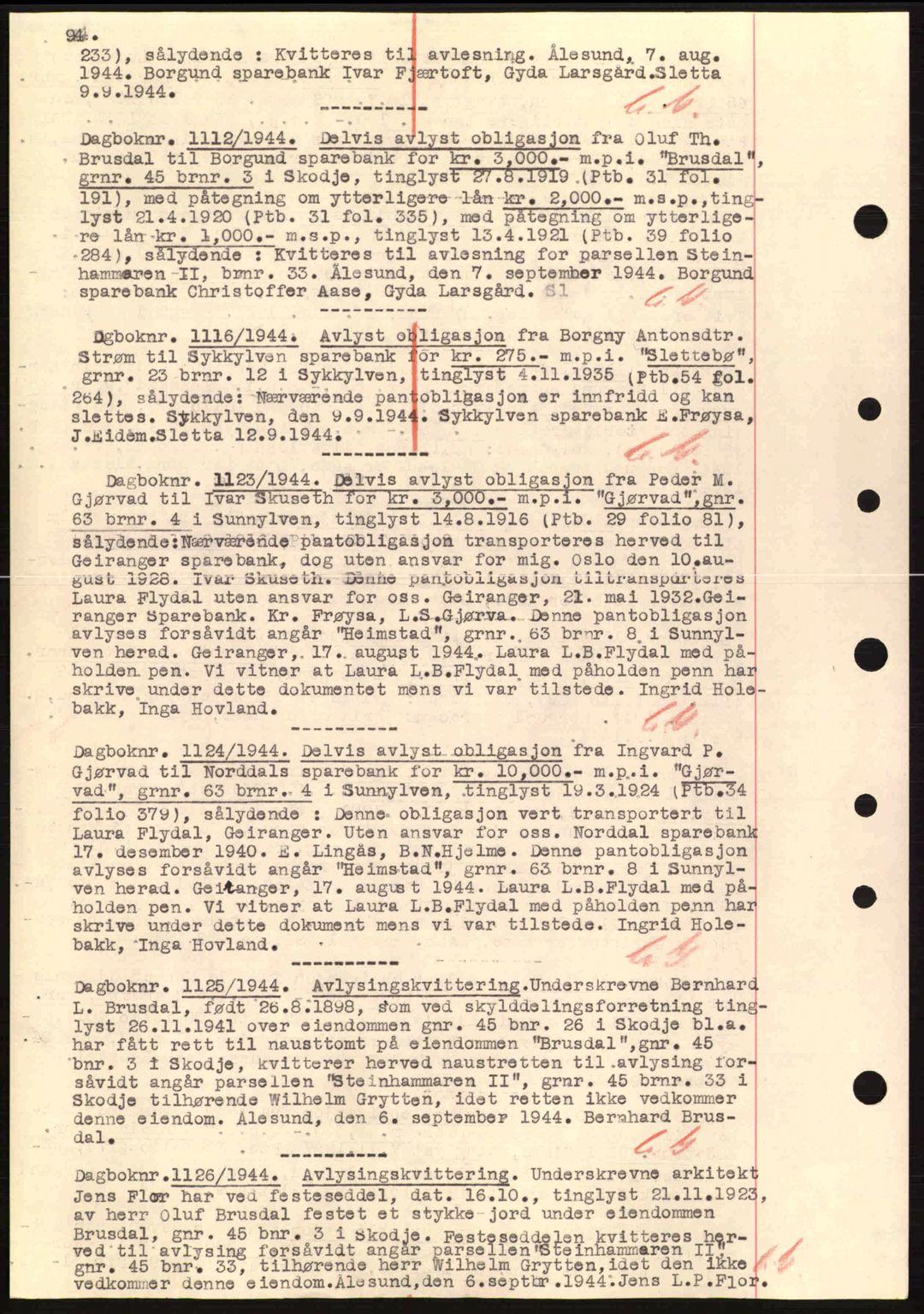 Nordre Sunnmøre sorenskriveri, SAT/A-0006/1/2/2C/2Ca: Mortgage book no. B1-6, 1938-1942, Diary no: : 1112/1944