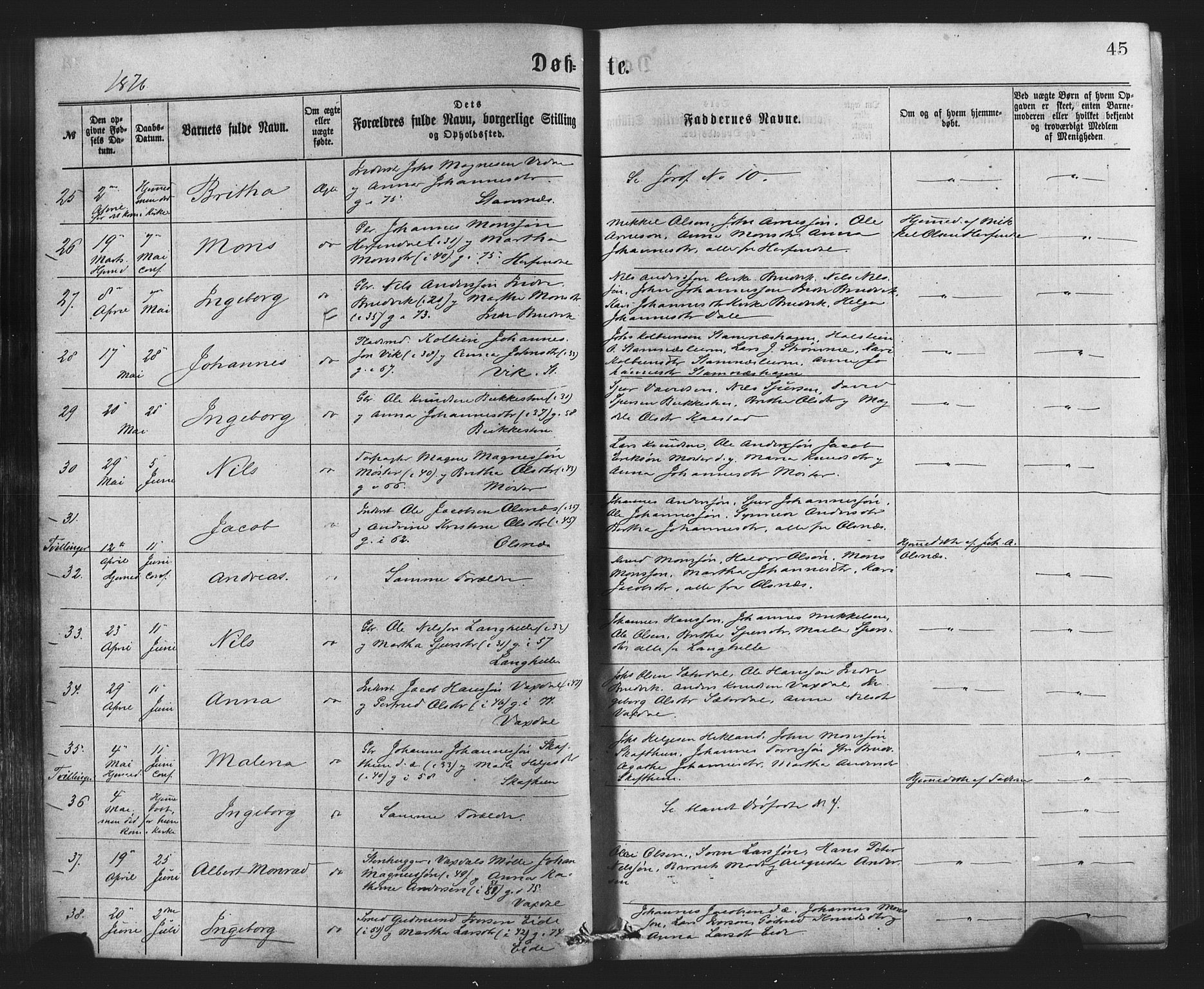 Bruvik Sokneprestembete, SAB/A-74701/H/Haa: Parish register (official) no. A 1, 1869-1877, p. 45