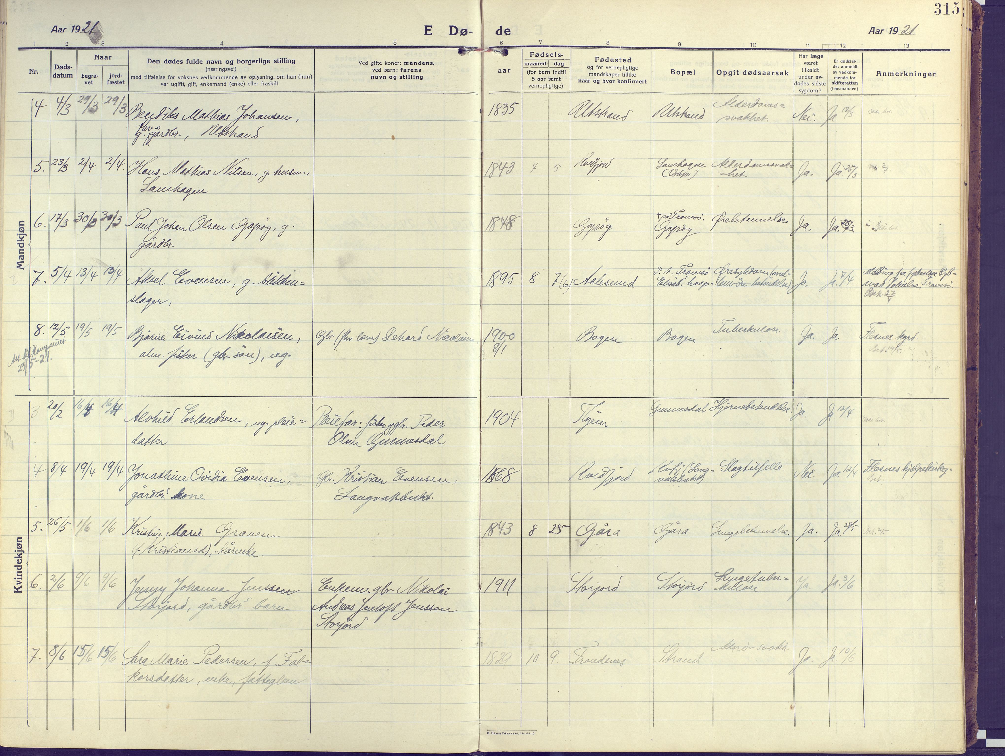 Kvæfjord sokneprestkontor, AV/SATØ-S-1323/G/Ga/Gaa/L0007kirke: Parish register (official) no. 7, 1915-1931, p. 315