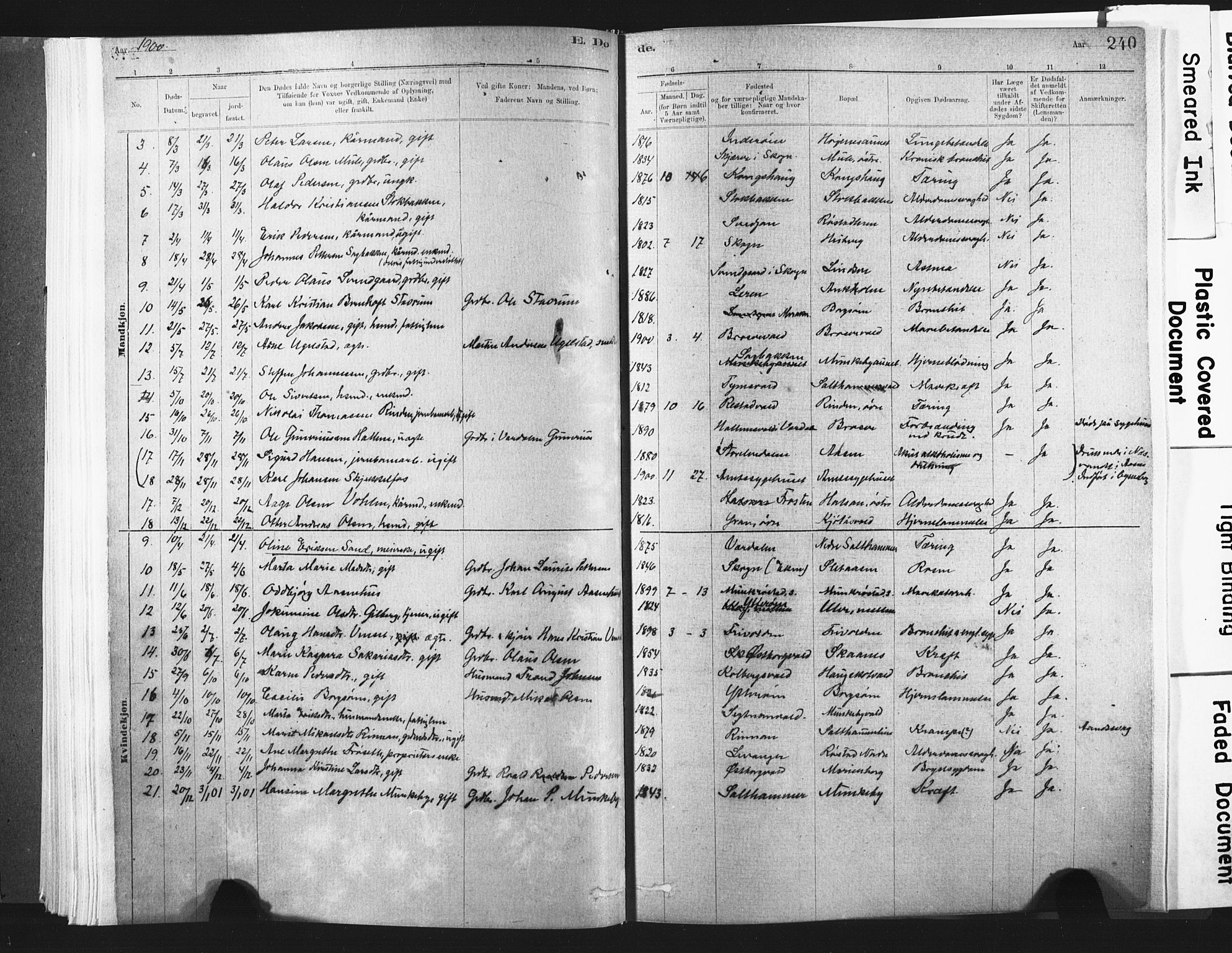 Ministerialprotokoller, klokkerbøker og fødselsregistre - Nord-Trøndelag, SAT/A-1458/721/L0207: Parish register (official) no. 721A02, 1880-1911, p. 240