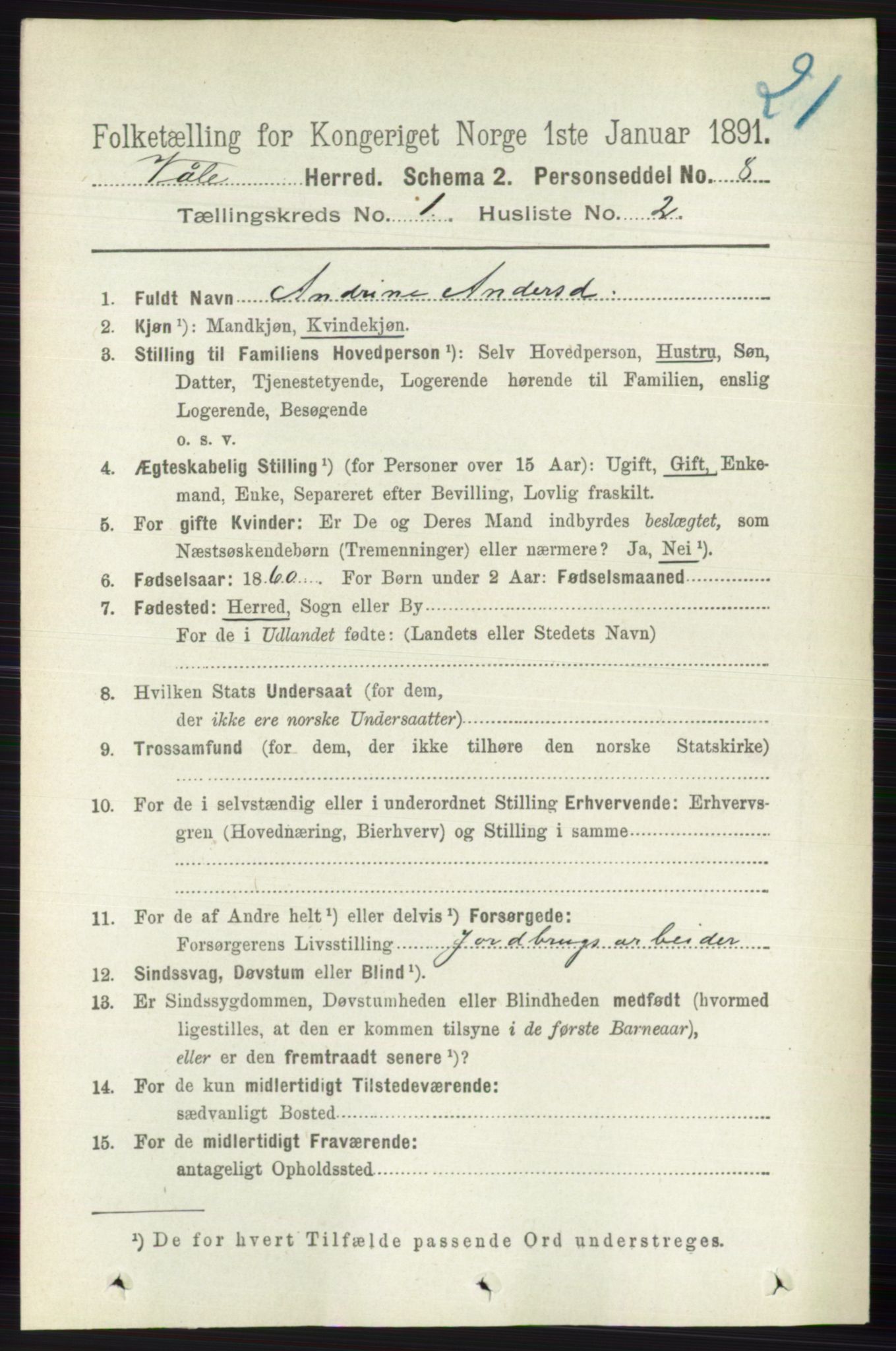 RA, 1891 census for 0716 Våle, 1891, p. 97