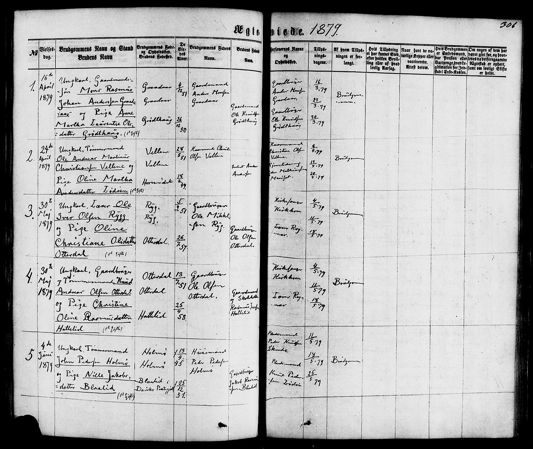 Hornindal sokneprestembete, SAB/A-82401/H/Haa/Haaa/L0002: Parish register (official) no. A 2, 1867-1884, p. 306