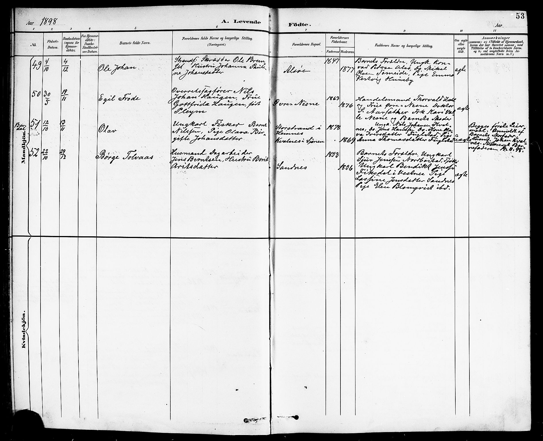 Ministerialprotokoller, klokkerbøker og fødselsregistre - Nordland, AV/SAT-A-1459/838/L0559: Parish register (copy) no. 838C06, 1893-1910, p. 53