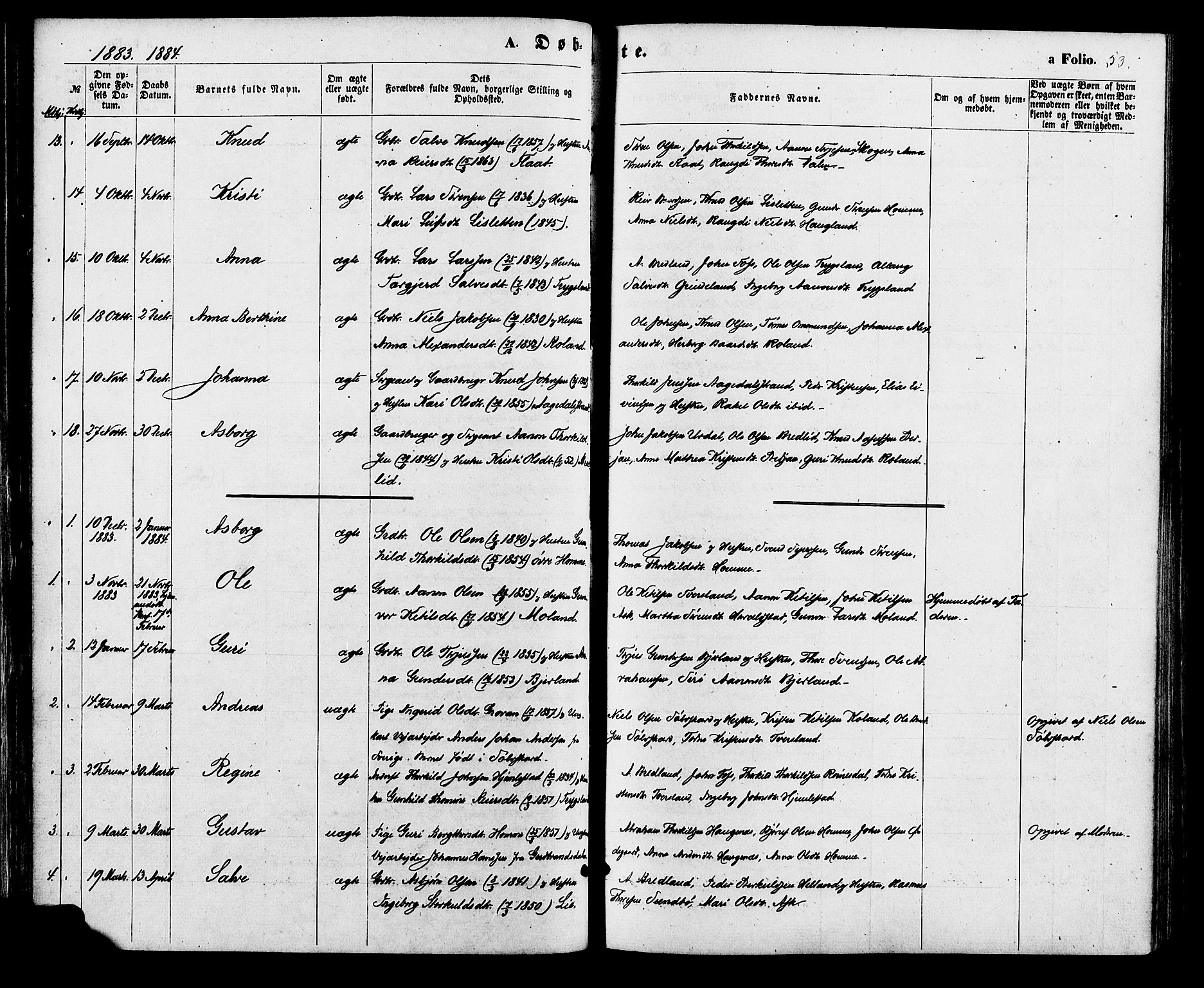 Bjelland sokneprestkontor, AV/SAK-1111-0005/F/Fa/Faa/L0003: Parish register (official) no. A 3, 1867-1887, p. 53