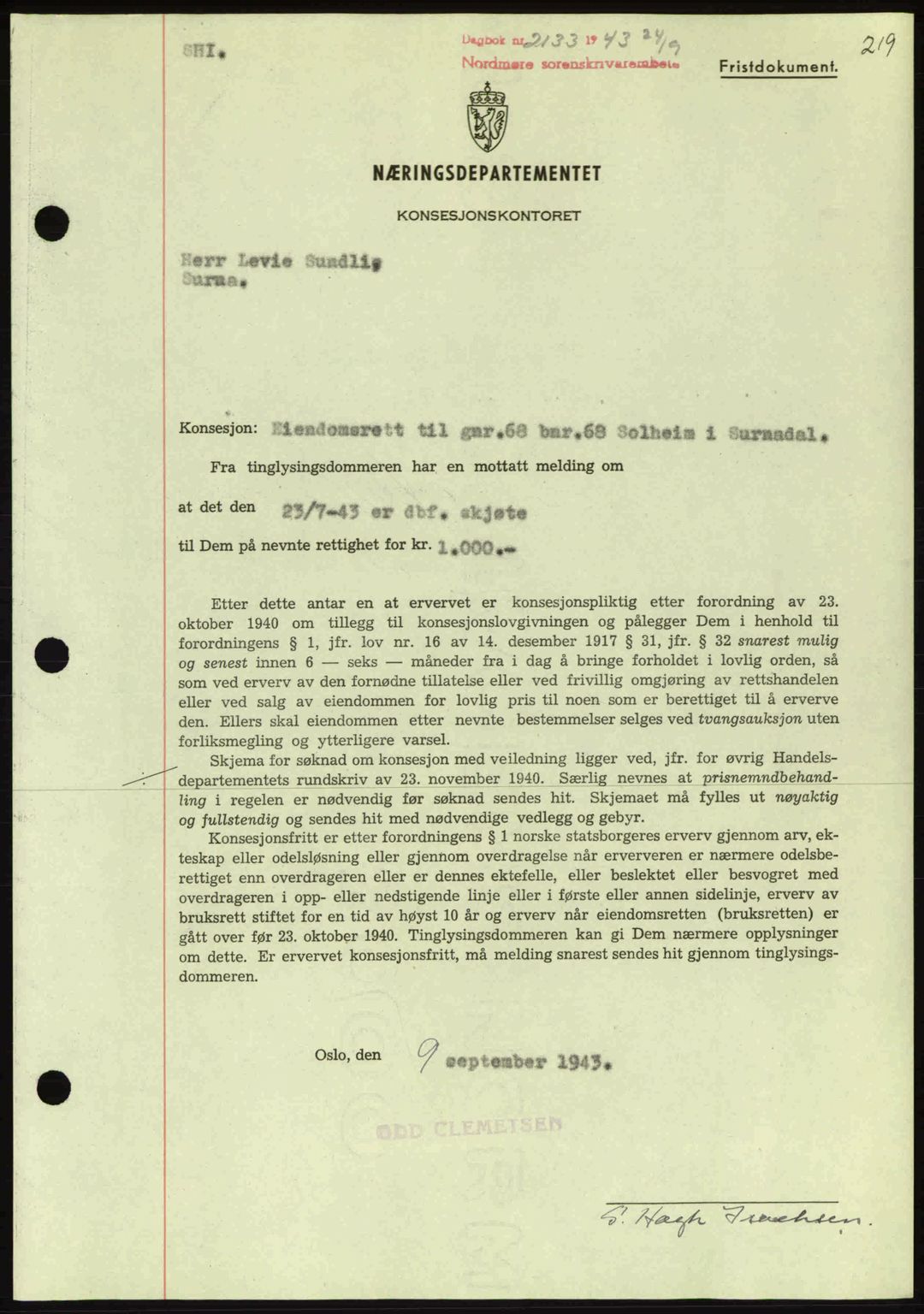 Nordmøre sorenskriveri, AV/SAT-A-4132/1/2/2Ca: Mortgage book no. B91, 1943-1944, Diary no: : 2133/1943