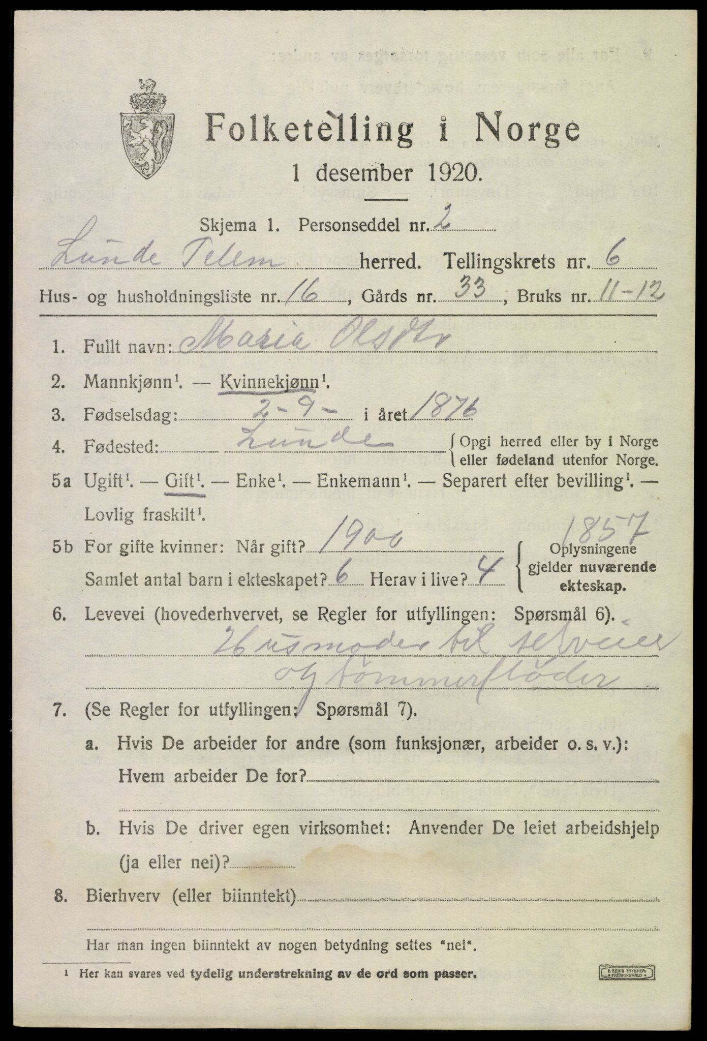 SAKO, 1920 census for Lunde, 1920, p. 4423