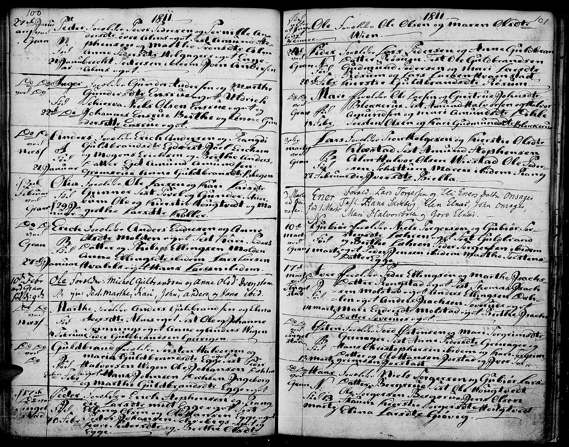 Gran prestekontor, AV/SAH-PREST-112/H/Ha/Haa/L0007: Parish register (official) no. 7, 1804-1815, p. 100-101