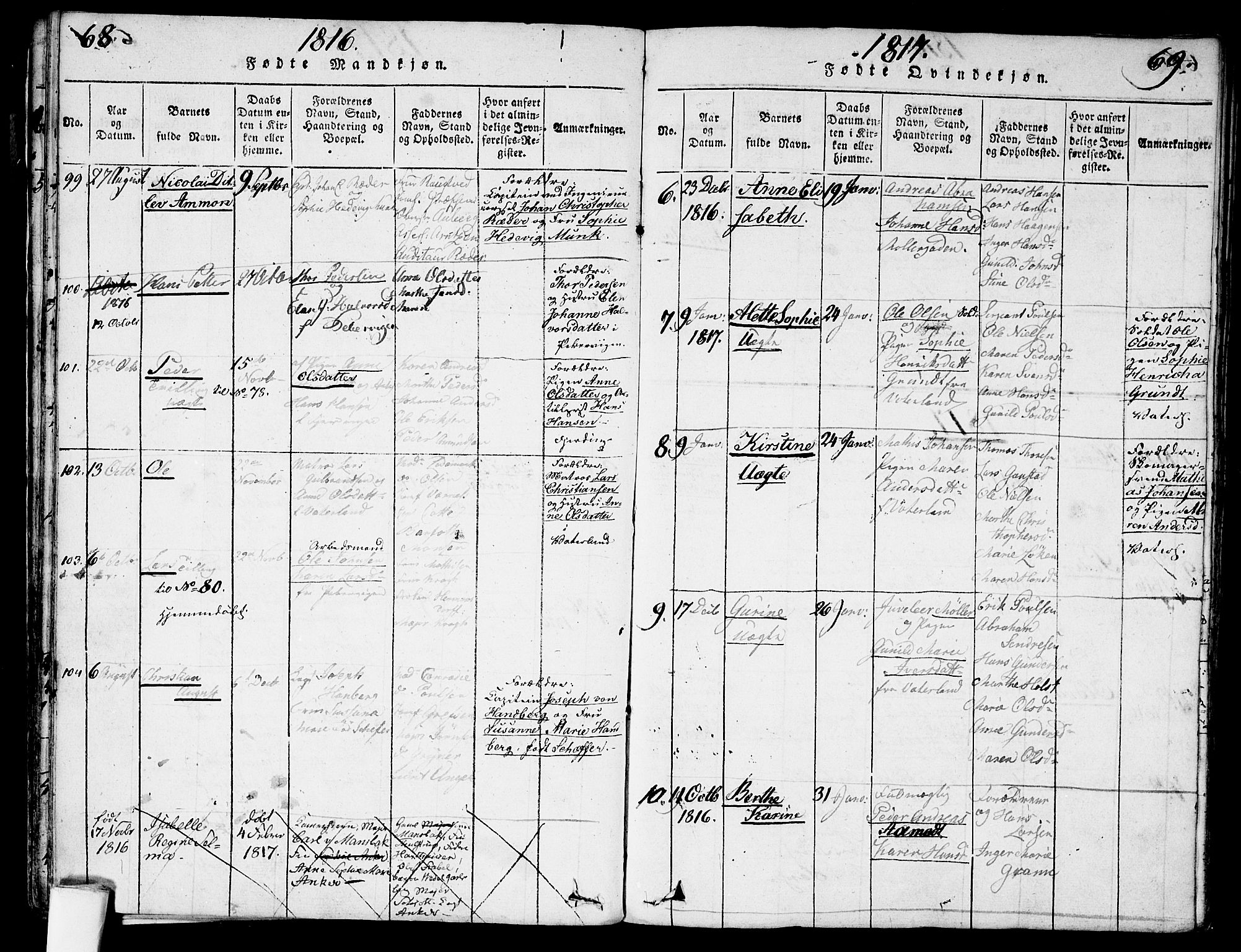 Garnisonsmenigheten Kirkebøker, AV/SAO-A-10846/G/Ga/L0003: Parish register (copy) no. 3, 1815-1819, p. 68-69