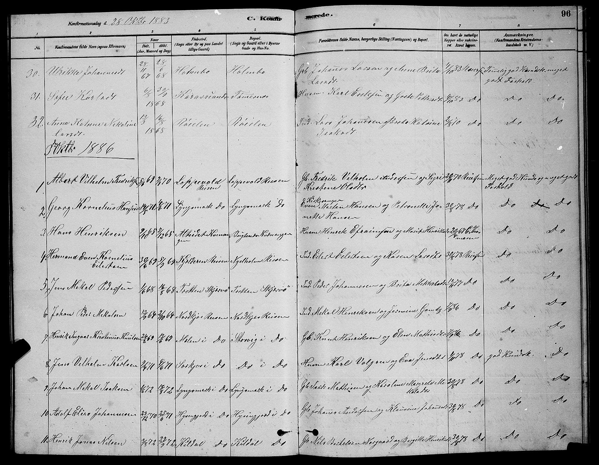 Skjervøy sokneprestkontor, SATØ/S-1300/H/Ha/Hab/L0020klokker: Parish register (copy) no. 20, 1878-1892, p. 96