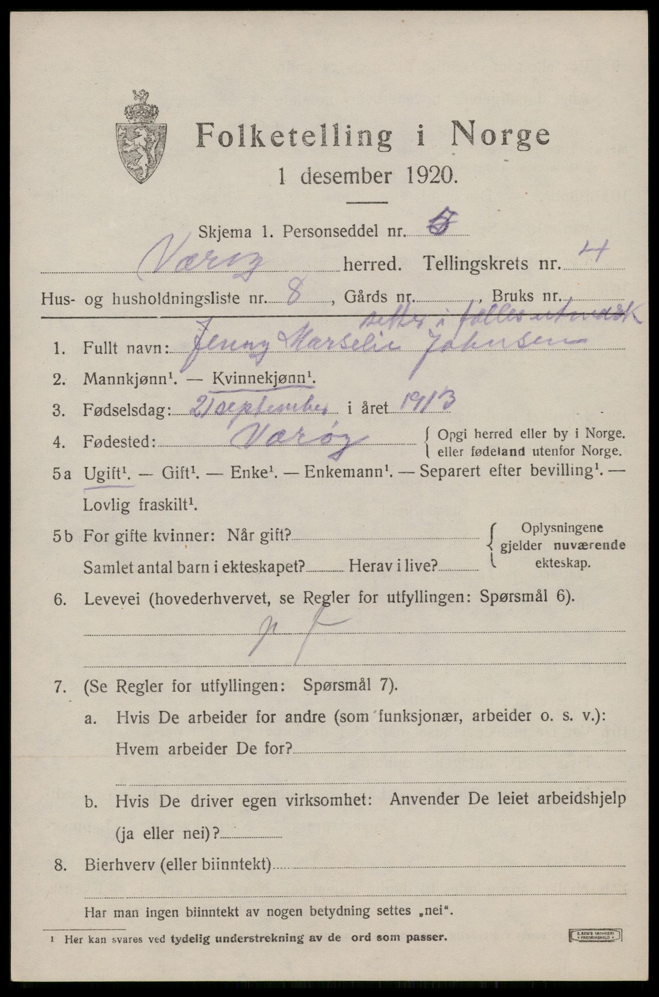 SAT, 1920 census for Værøy, 1920, p. 2531