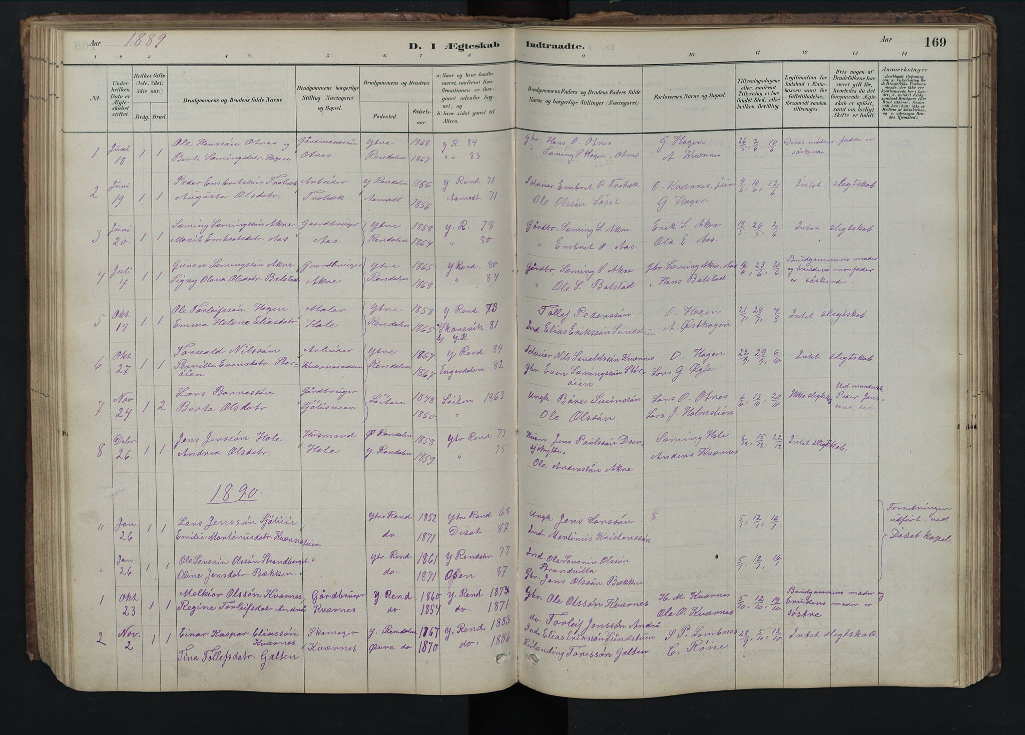 Rendalen prestekontor, SAH/PREST-054/H/Ha/Hab/L0009: Parish register (copy) no. 9, 1879-1902, p. 169