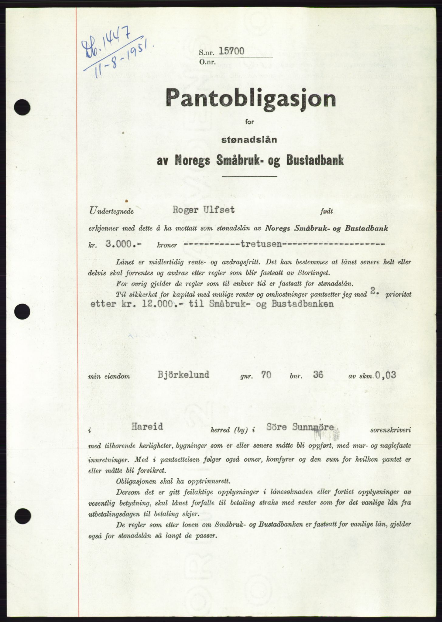 Søre Sunnmøre sorenskriveri, AV/SAT-A-4122/1/2/2C/L0120: Mortgage book no. 8B, 1951-1951, Diary no: : 1447/1951