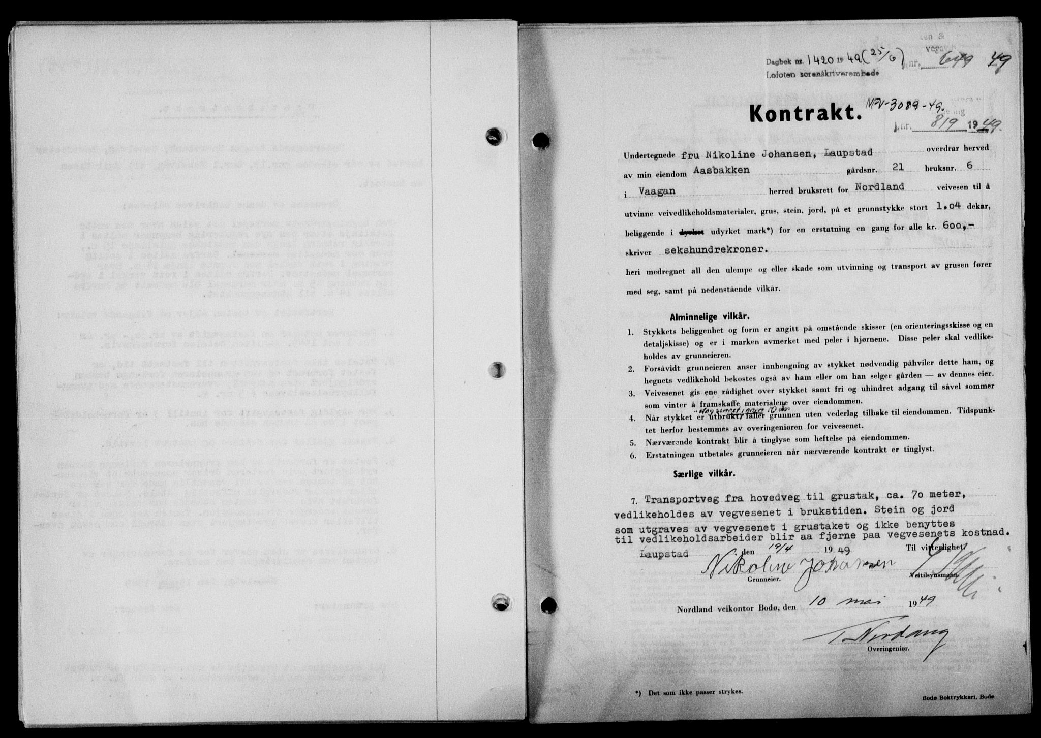 Lofoten sorenskriveri, SAT/A-0017/1/2/2C/L0021a: Mortgage book no. 21a, 1949-1949, Diary no: : 1420/1949