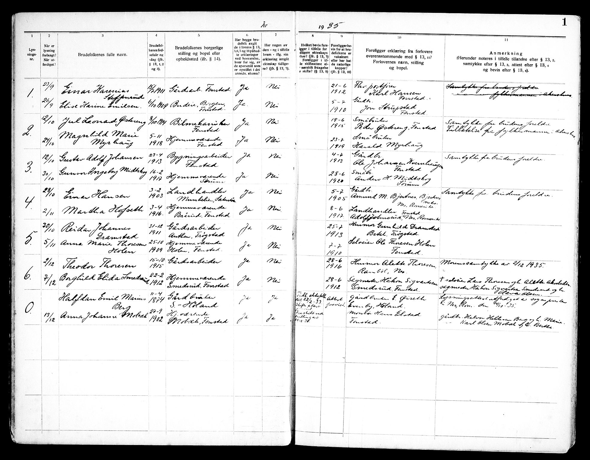 Nes prestekontor Kirkebøker, AV/SAO-A-10410/H/L0002: Banns register no. 2, 1935-1969, p. 1