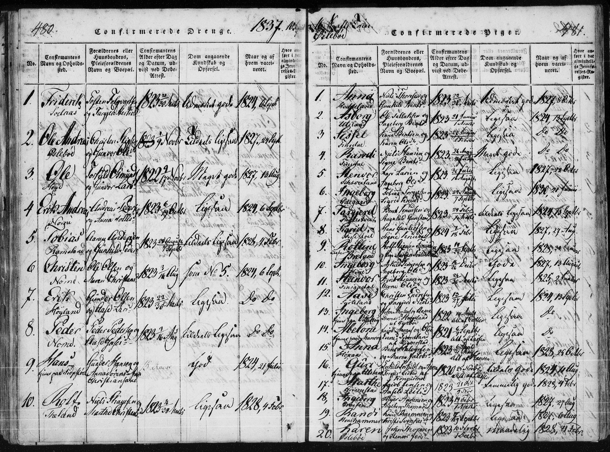 Holum sokneprestkontor, SAK/1111-0022/F/Fa/Fac/L0002: Parish register (official) no. A 2, 1821-1859, p. 480-481