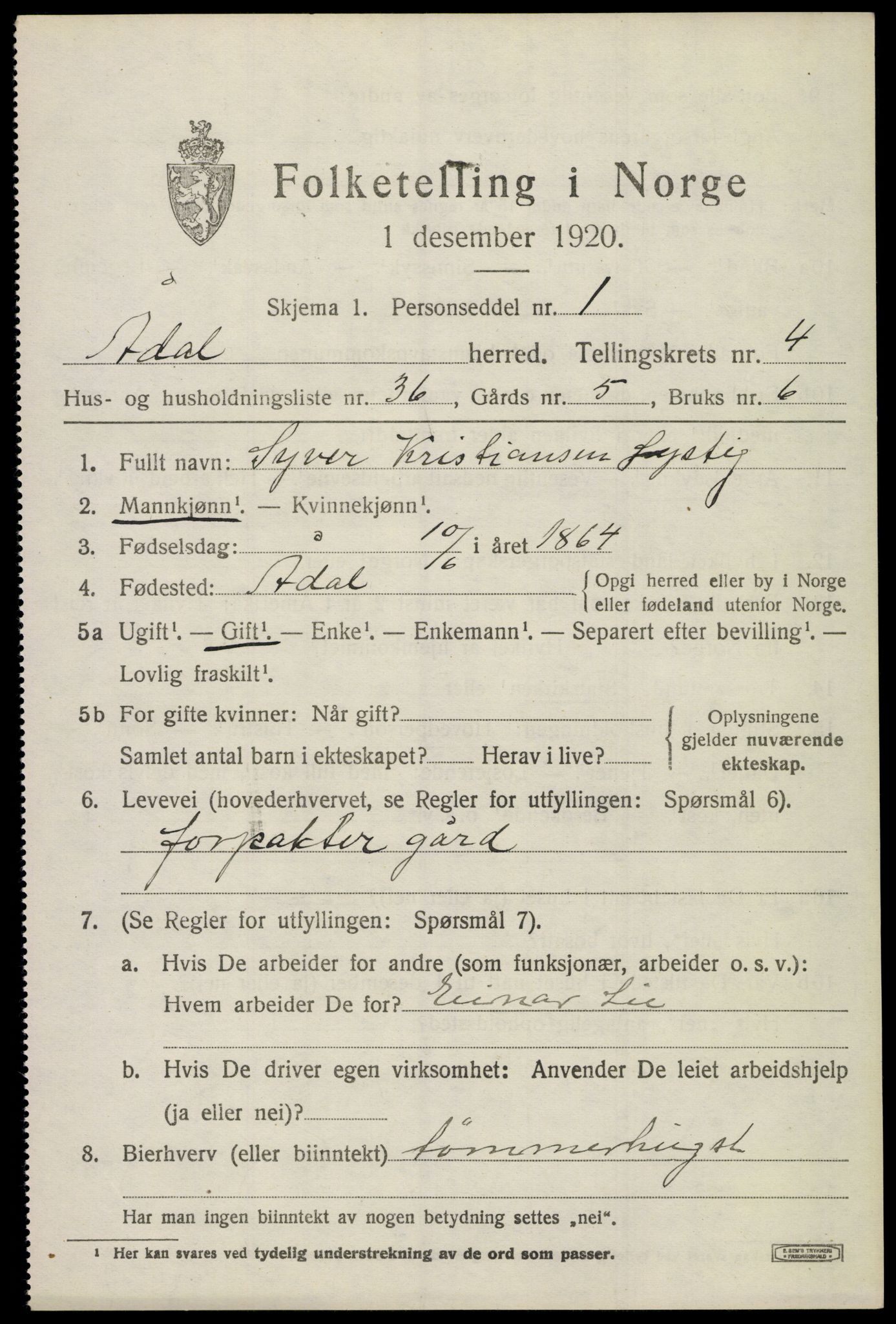 SAKO, 1920 census for Ådal, 1920, p. 4044