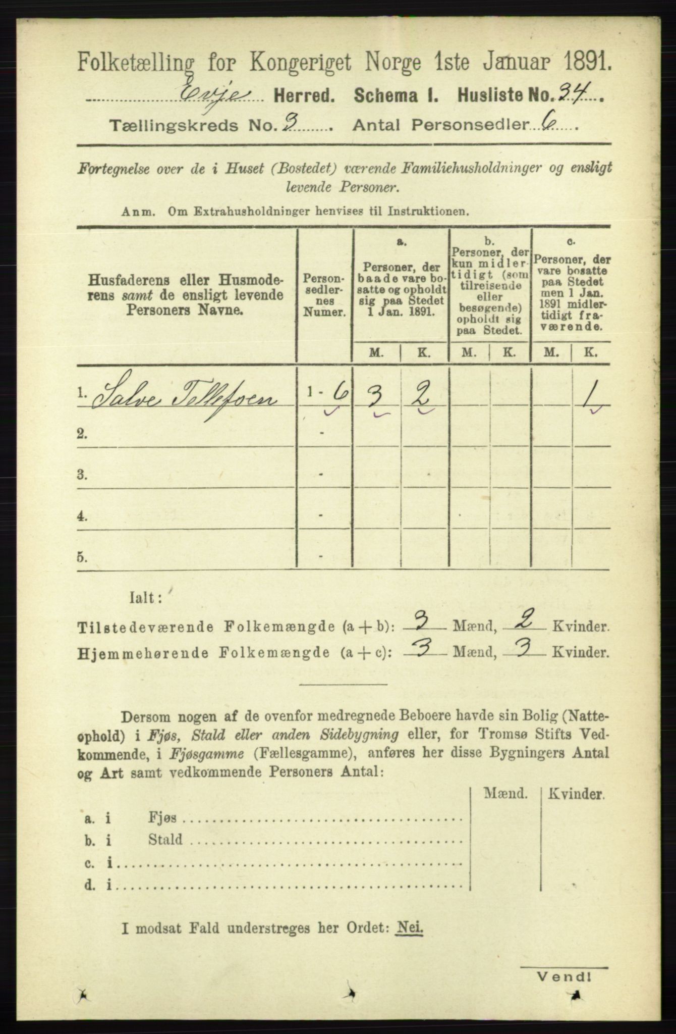 RA, 1891 census for 0937 Evje, 1891, p. 650