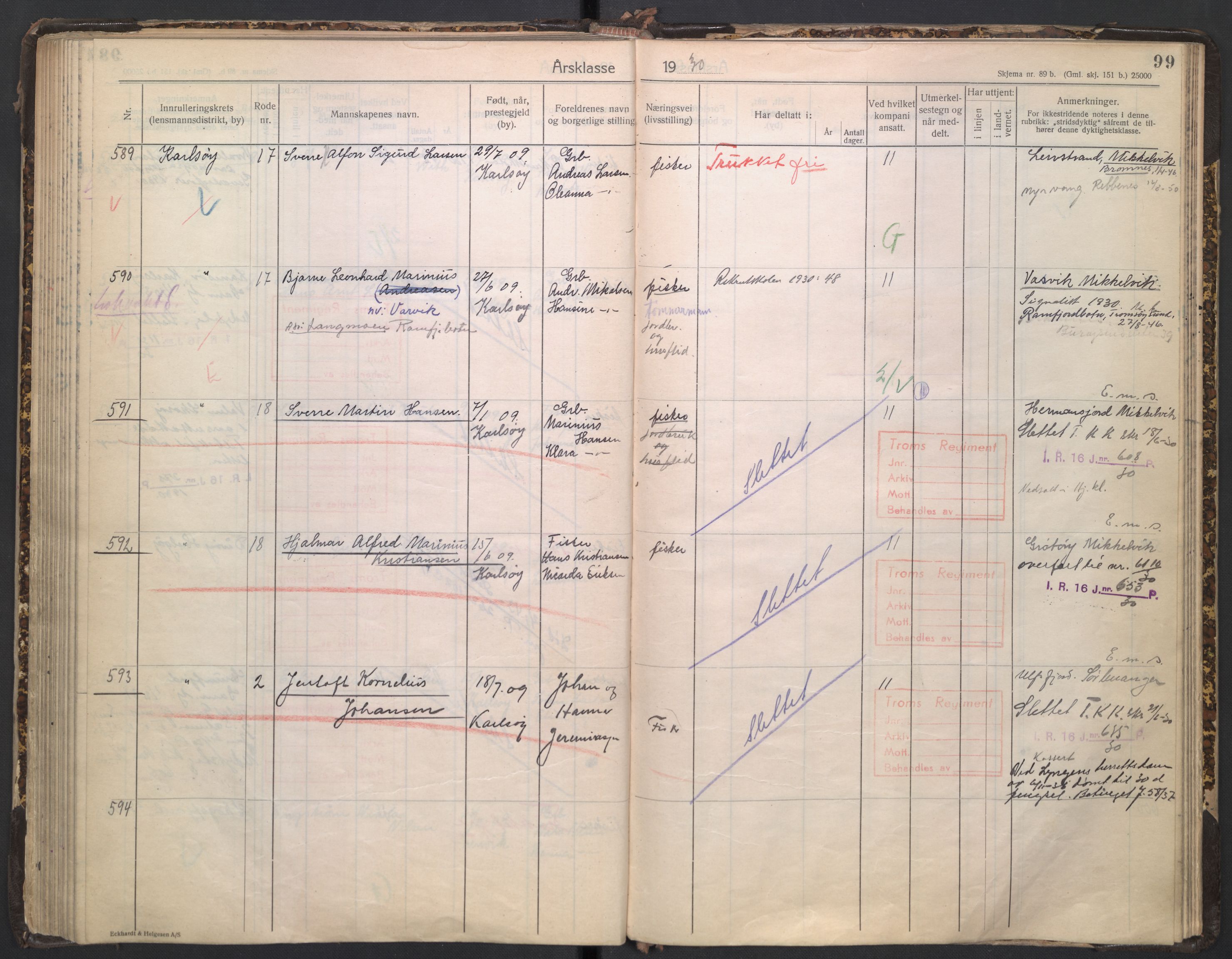 Forsvaret, Troms infanteriregiment nr. 16, AV/RA-RAFA-3146/P/Pa/L0005/0003: Ruller / Rulle for regimentets stridende menige mannskaper, årsklasse 1930, 1930, p. 99