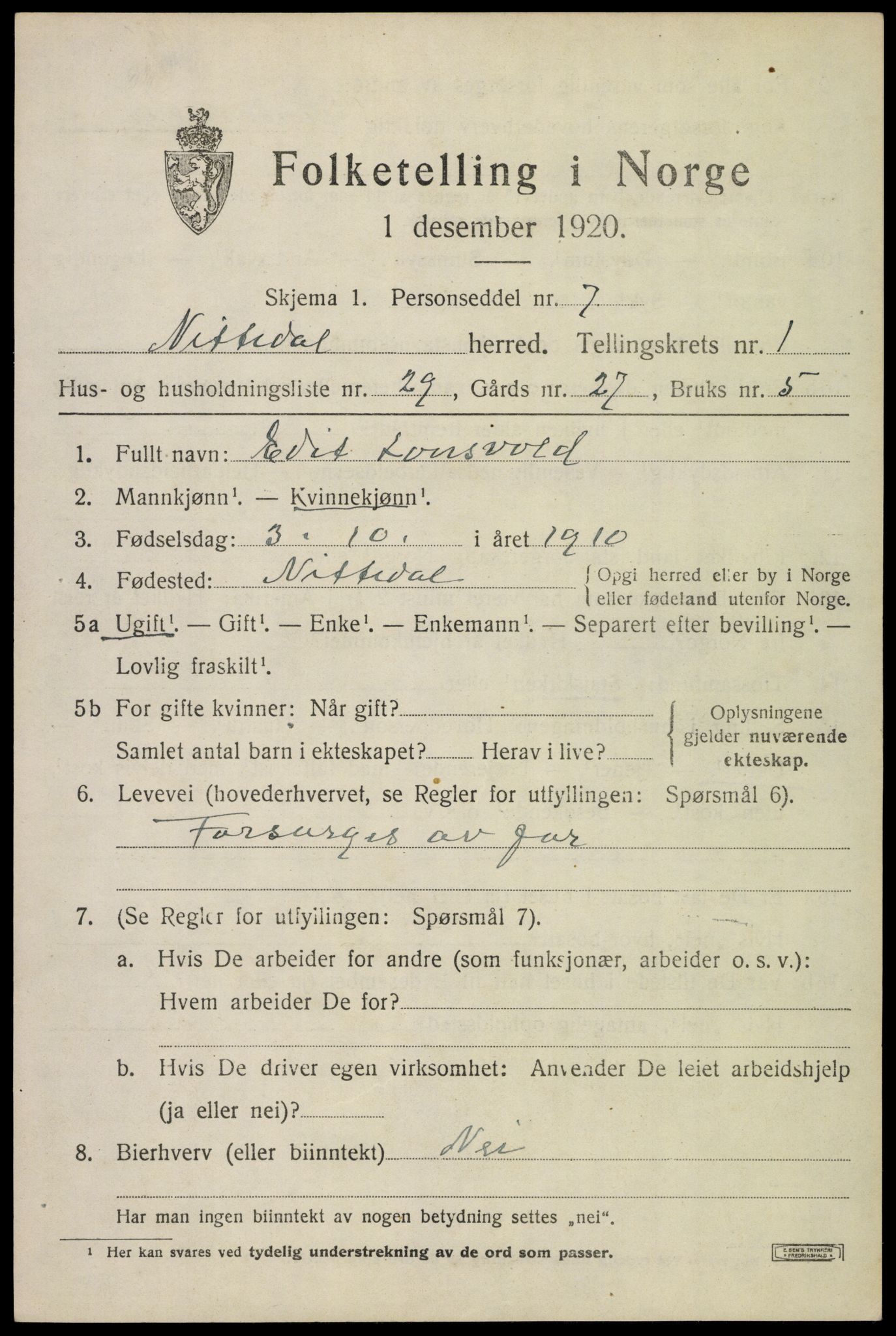 SAO, 1920 census for Nittedal, 1920, p. 1524