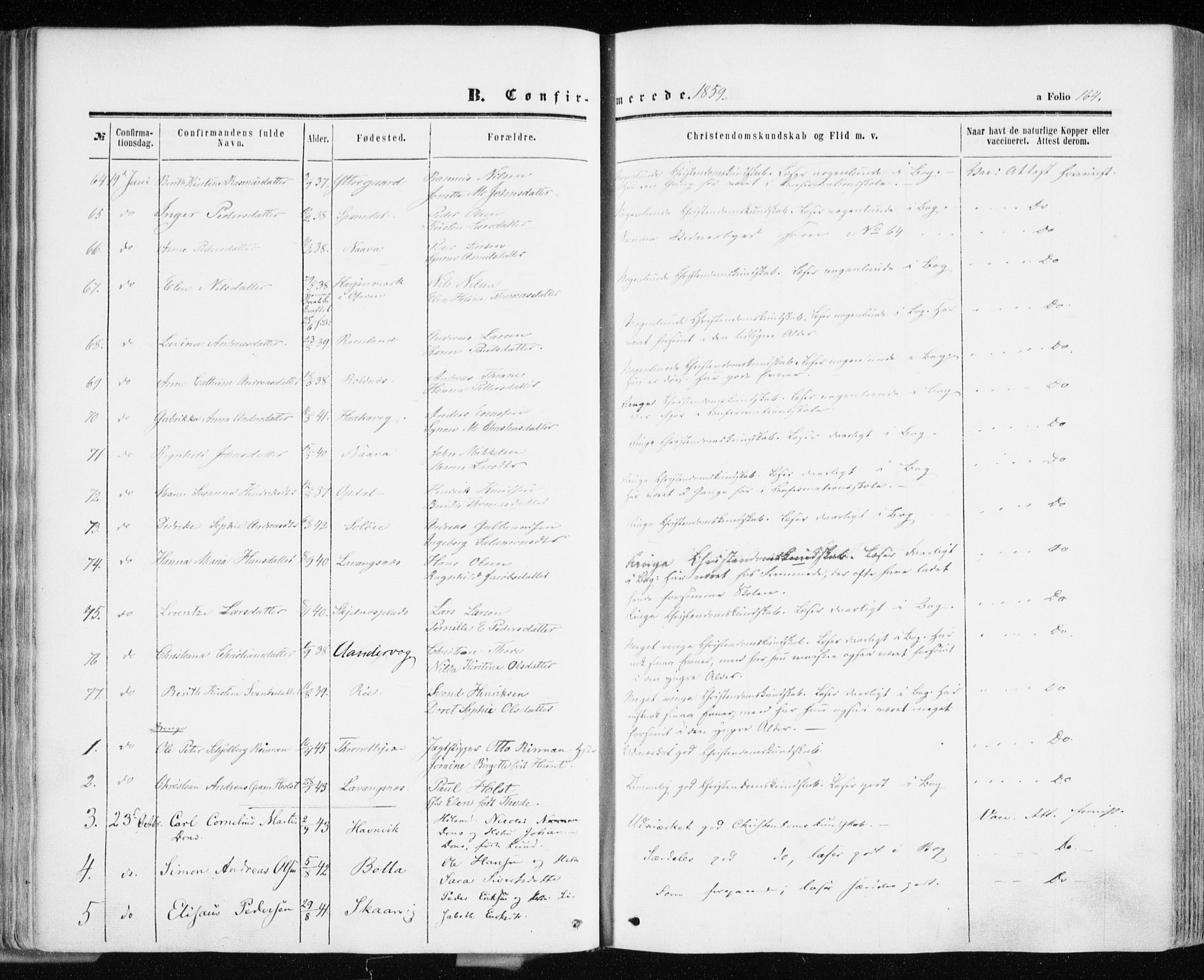 Ibestad sokneprestembete, AV/SATØ-S-0077/H/Ha/Haa/L0009kirke: Parish register (official) no. 9, 1859-1868, p. 164