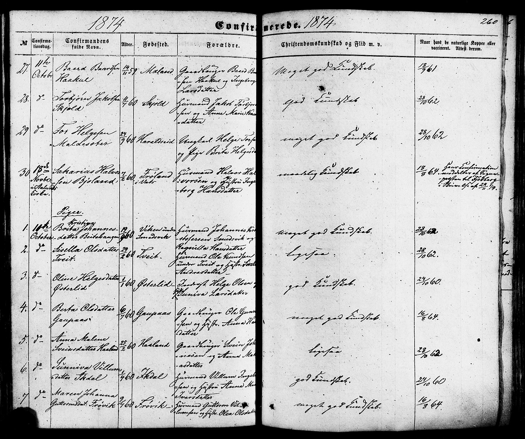 Skjold sokneprestkontor, SAST/A-101847/H/Ha/Haa/L0008: Parish register (official) no. A 8, 1856-1882, p. 260