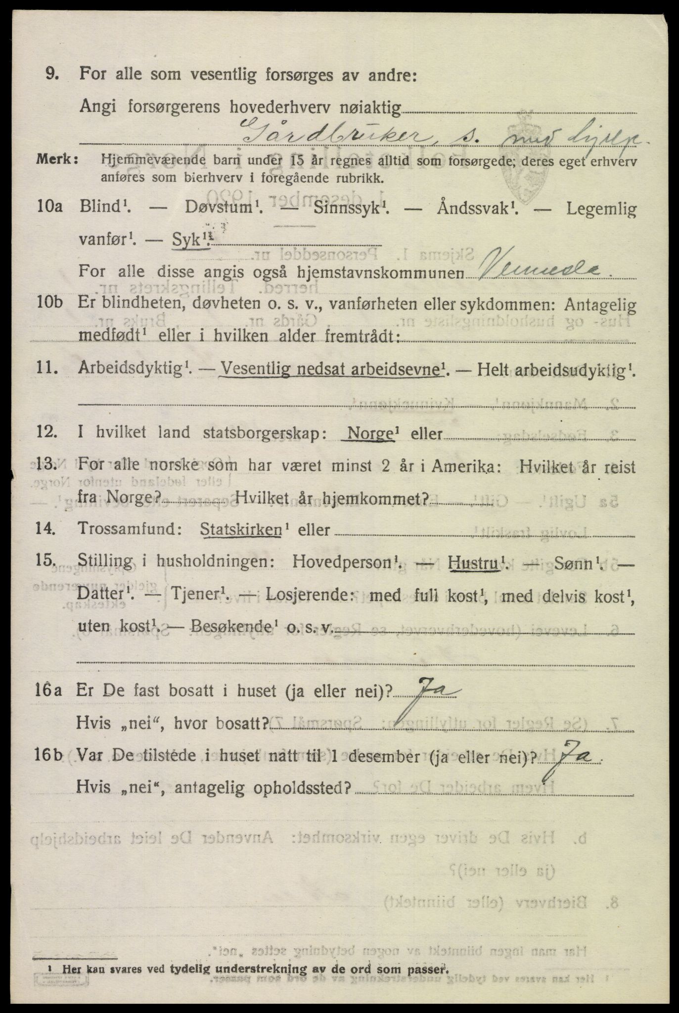 SAK, 1920 census for Vennesla, 1920, p. 943