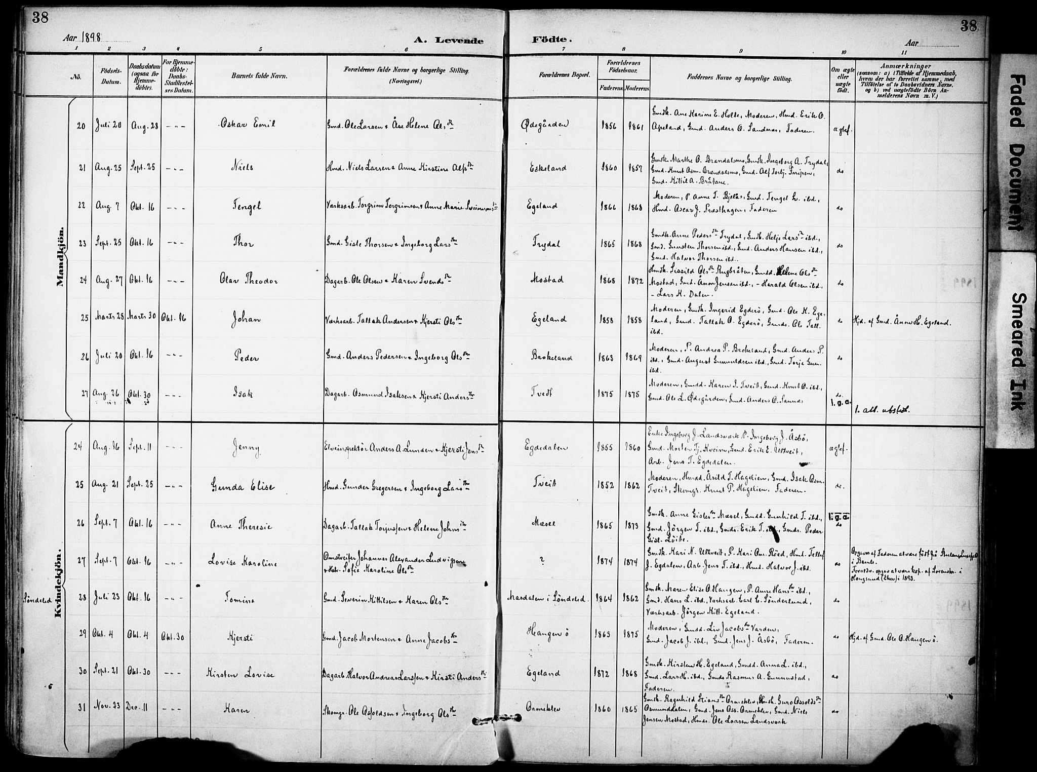 Gjerstad sokneprestkontor, AV/SAK-1111-0014/F/Fa/Faa/L0010: Parish register (official) no. A 10, 1891-1902, p. 38