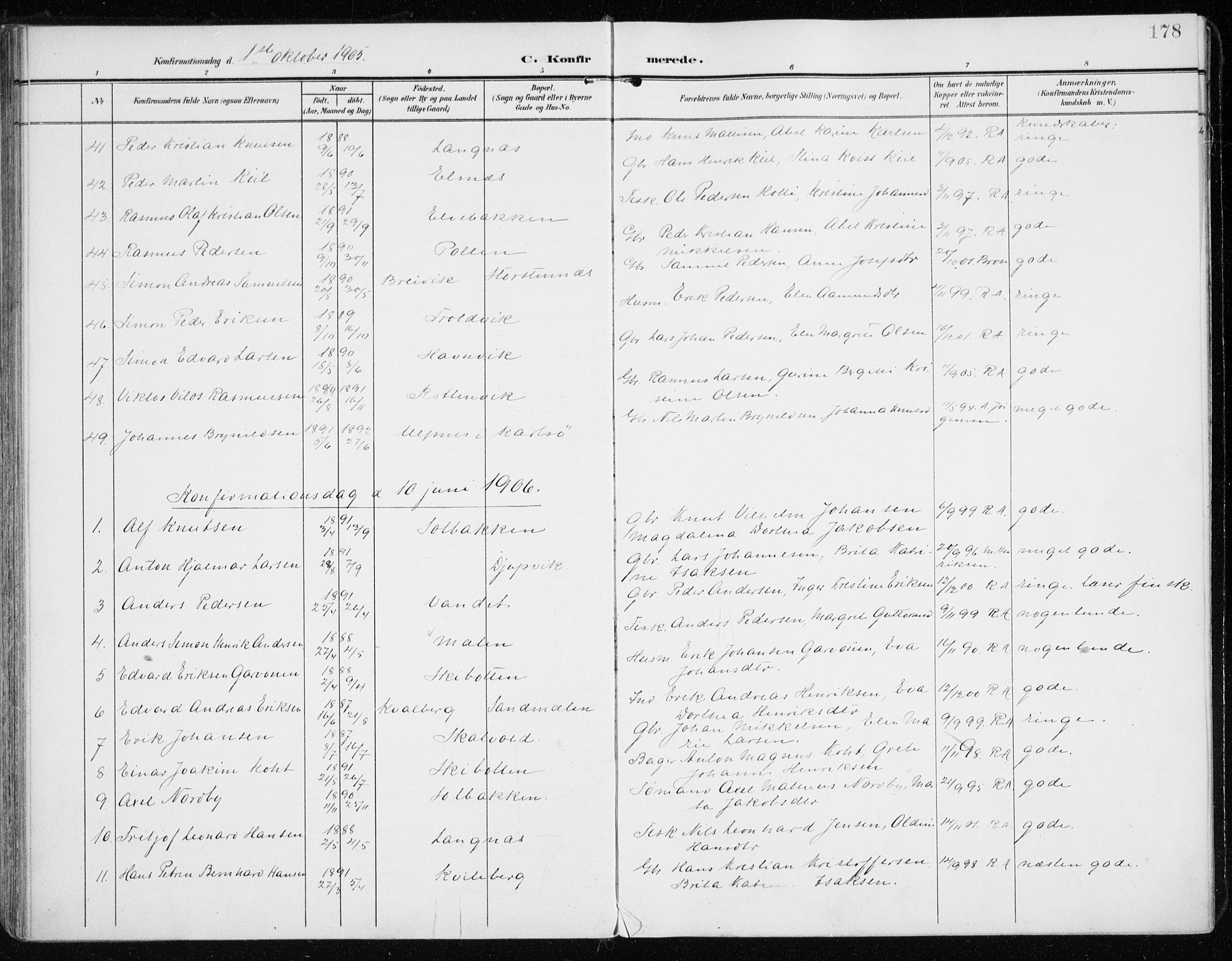 Lyngen sokneprestembete, AV/SATØ-S-1289/H/He/Hea/L0011kirke: Parish register (official) no. 11, 1903-1913, p. 178