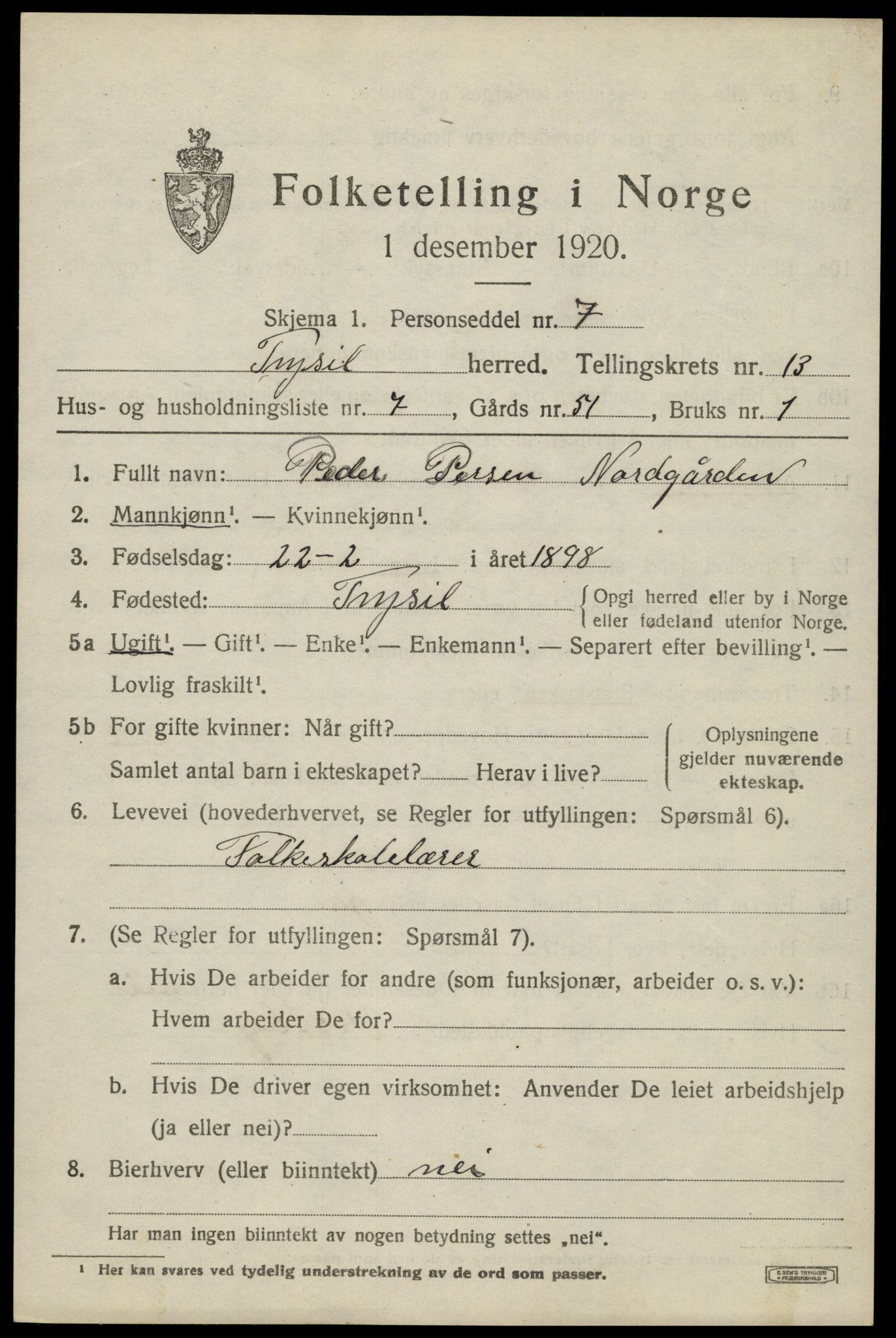 SAH, 1920 census for Trysil, 1920, p. 7705