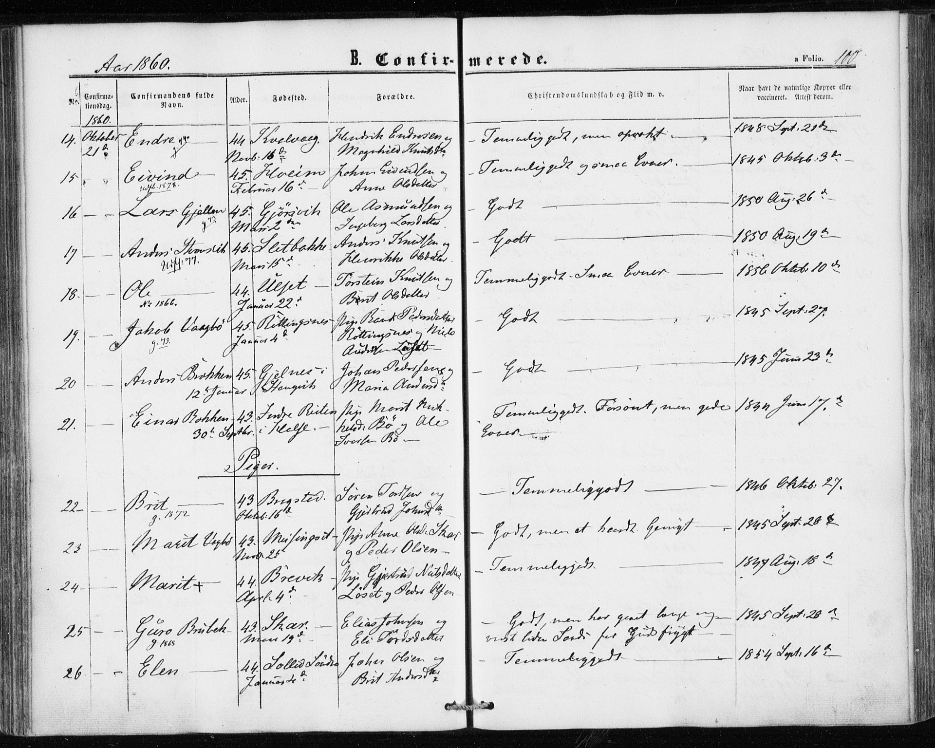 Ministerialprotokoller, klokkerbøker og fødselsregistre - Møre og Romsdal, AV/SAT-A-1454/586/L0985: Parish register (official) no. 586A11, 1857-1866, p. 100