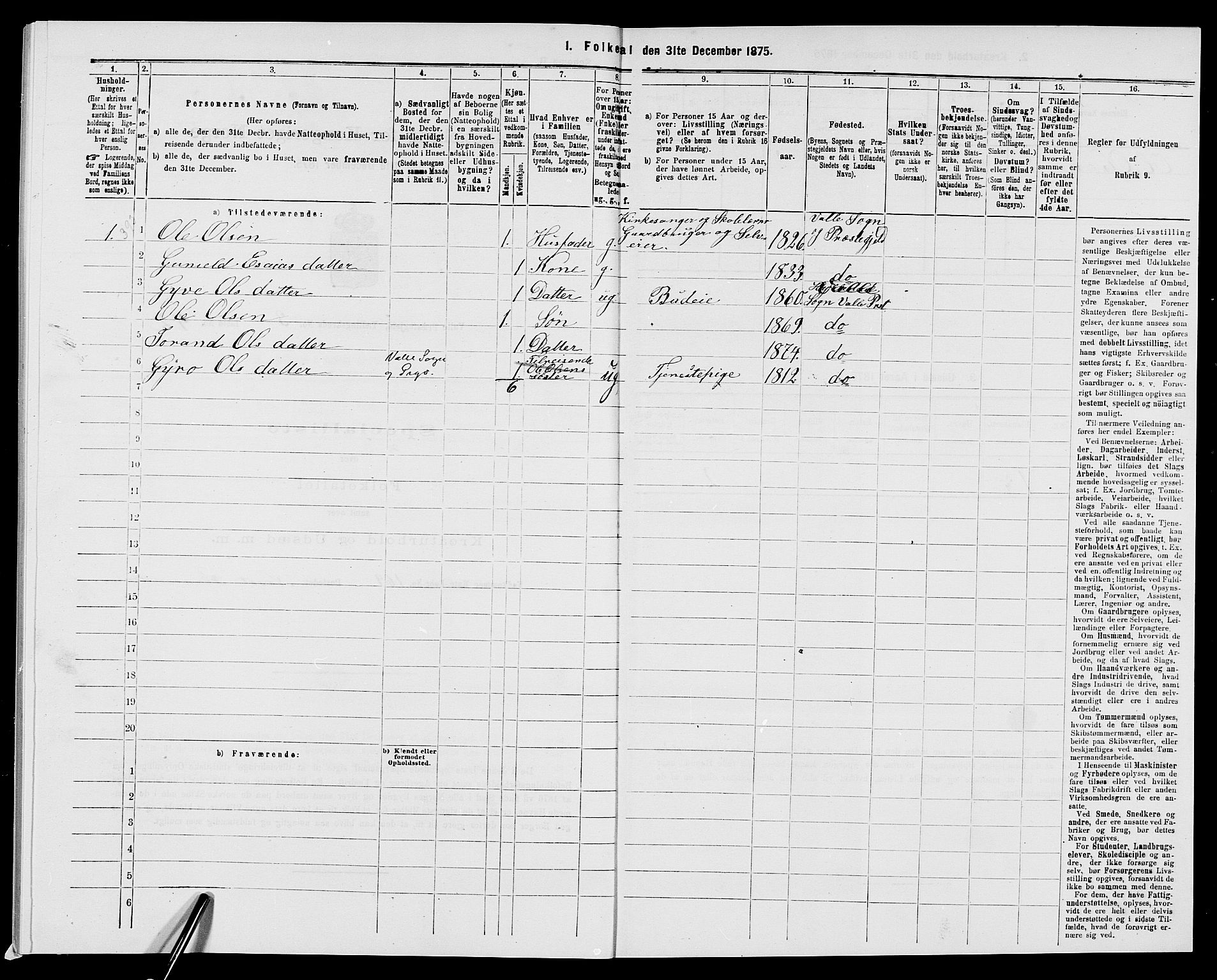 SAK, 1875 census for 0940P Valle, 1875, p. 354