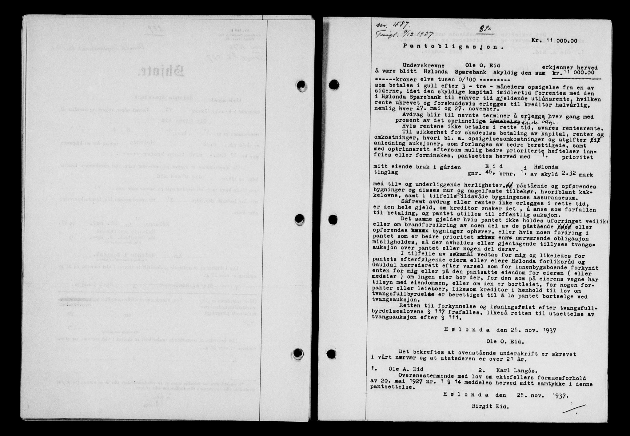 Gauldal sorenskriveri, SAT/A-0014/1/2/2C/L0048: Mortgage book no. 51-52, 1937-1938, p. 890, Diary no: : 1587/1937
